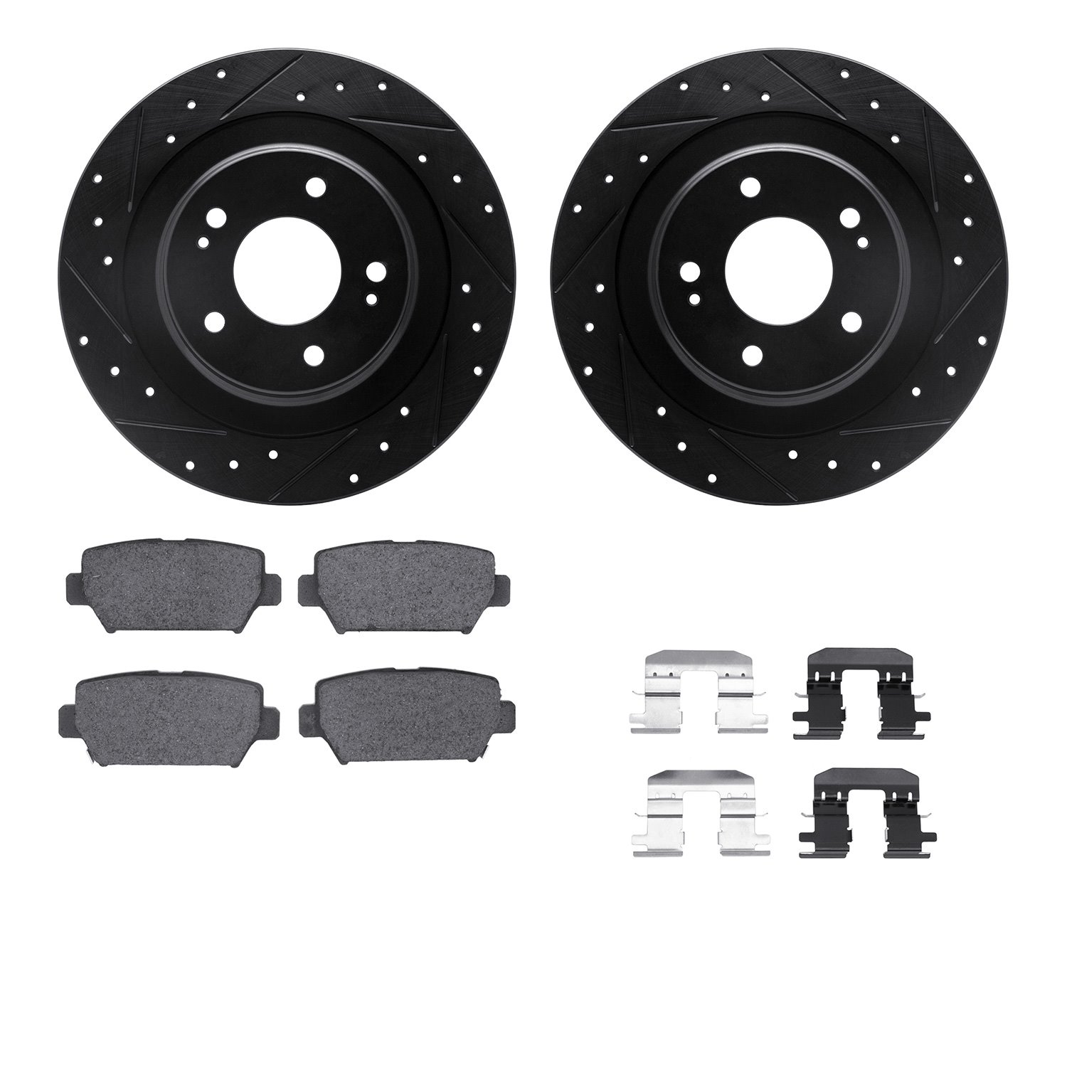 8512-72082 Drilled/Slotted Brake Rotors w/5000 Advanced Brake Pads Kit & Hardware [Black], Fits Select Mitsubishi, Position: Rea