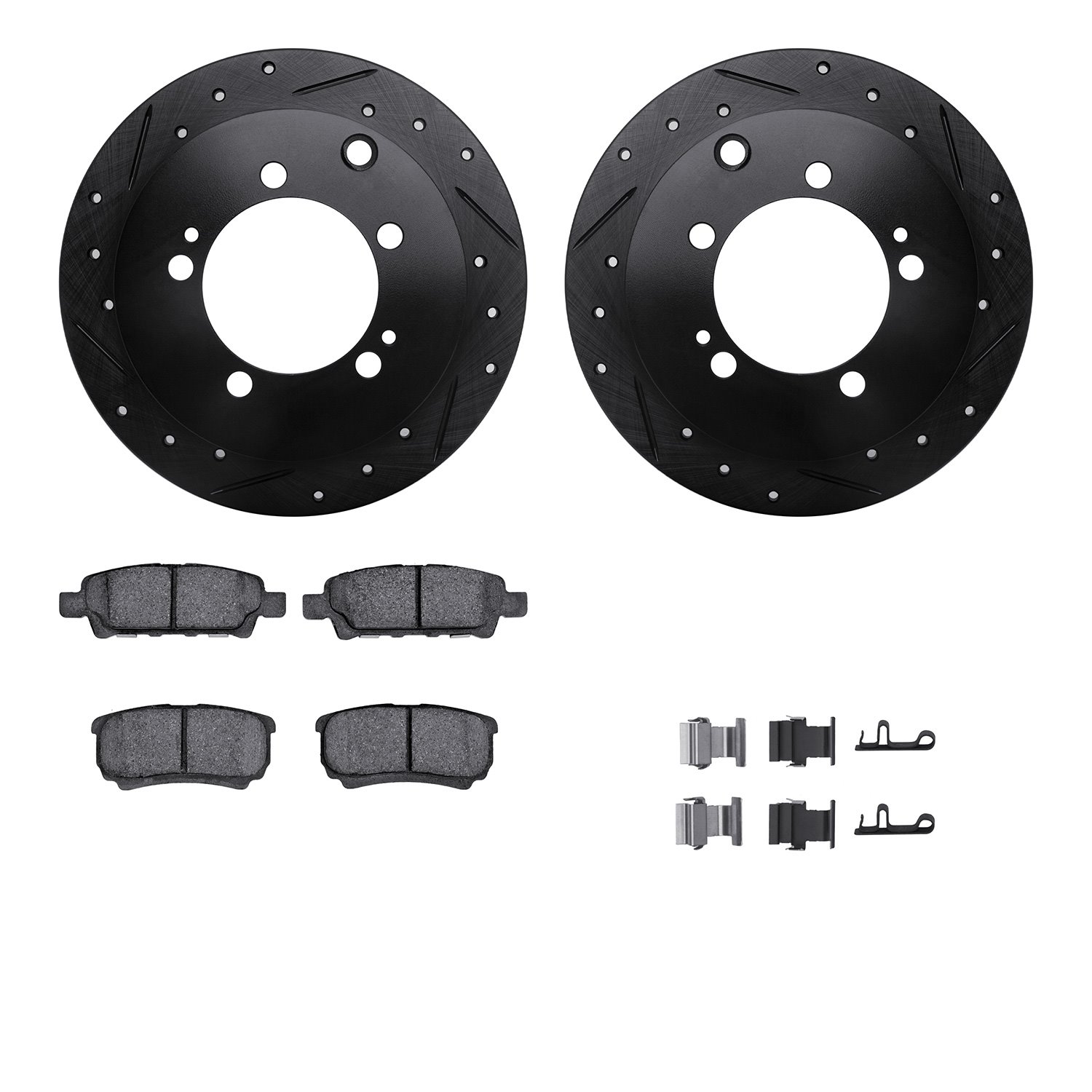 8512-72084 Drilled/Slotted Brake Rotors w/5000 Advanced Brake Pads Kit & Hardware [Black], 2004-2007 Mitsubishi, Position: Rear