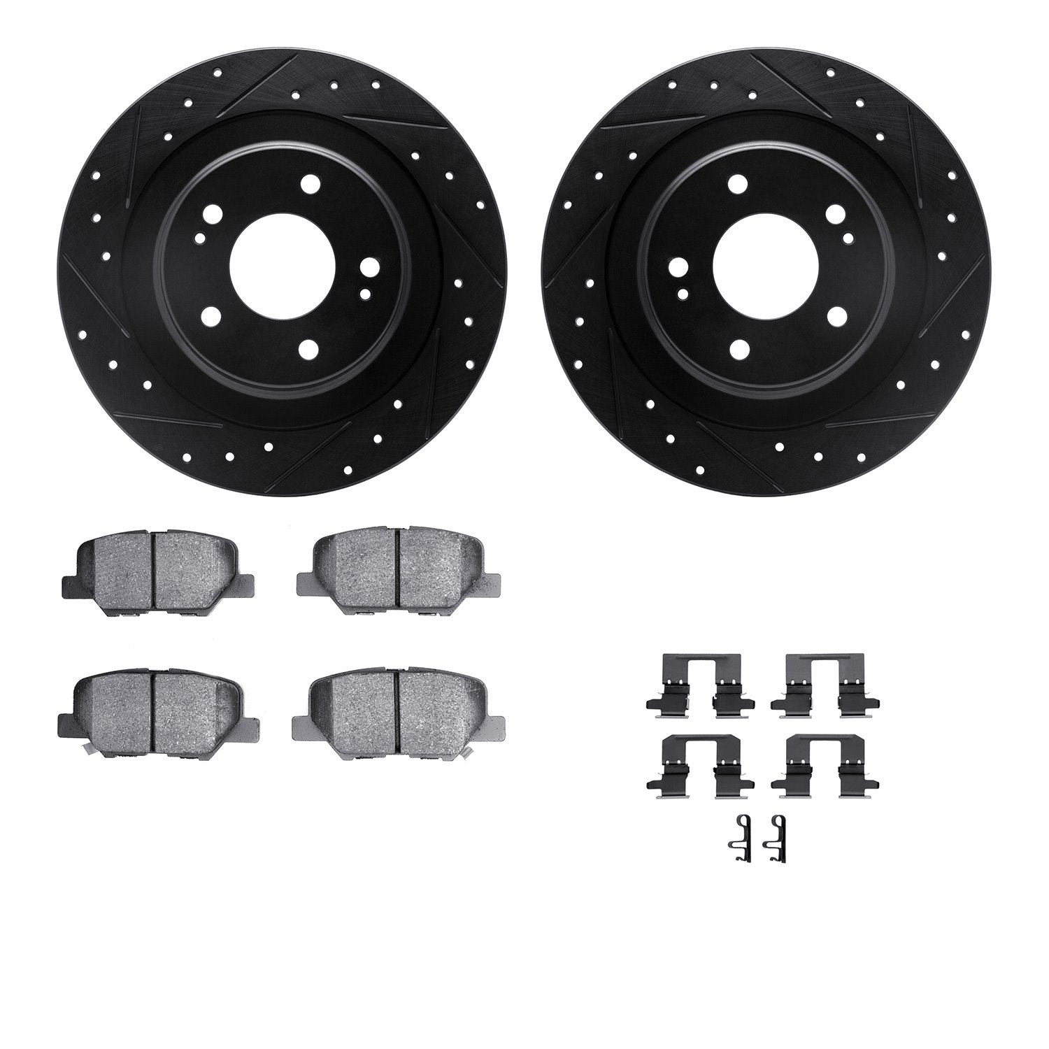 8512-72087 Drilled/Slotted Brake Rotors w/5000 Advanced Brake Pads Kit & Hardware [Black], Fits Select Mitsubishi, Position: Rea