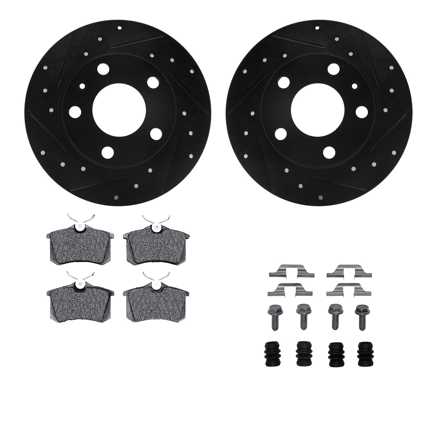 8512-73053 Drilled/Slotted Brake Rotors w/5000 Advanced Brake Pads Kit & Hardware [Black], 2002-2006 Audi/Volkswagen, Position: