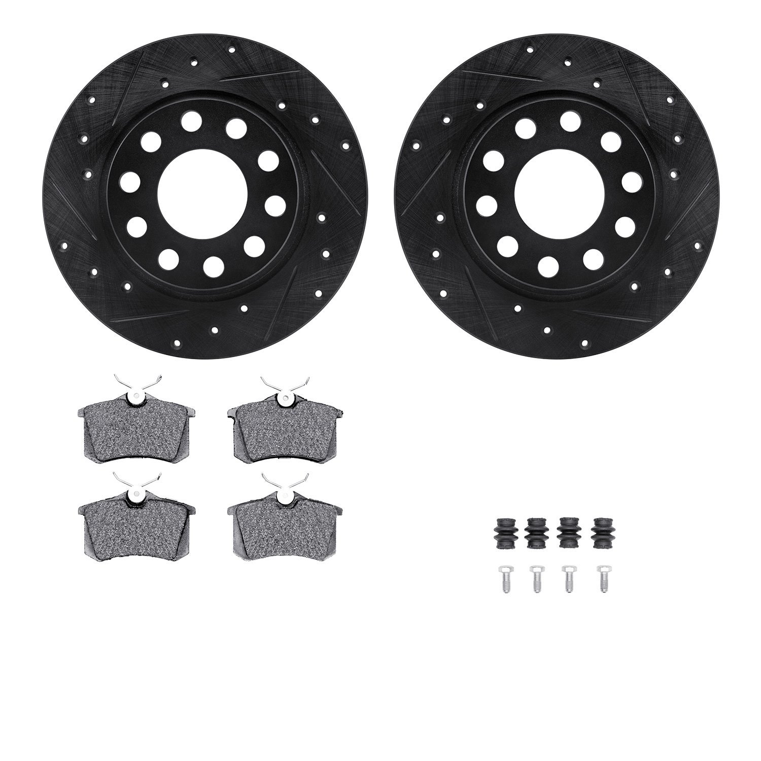 8512-73056 Drilled/Slotted Brake Rotors w/5000 Advanced Brake Pads Kit & Hardware [Black], 2002-2006 Audi/Volkswagen, Position: