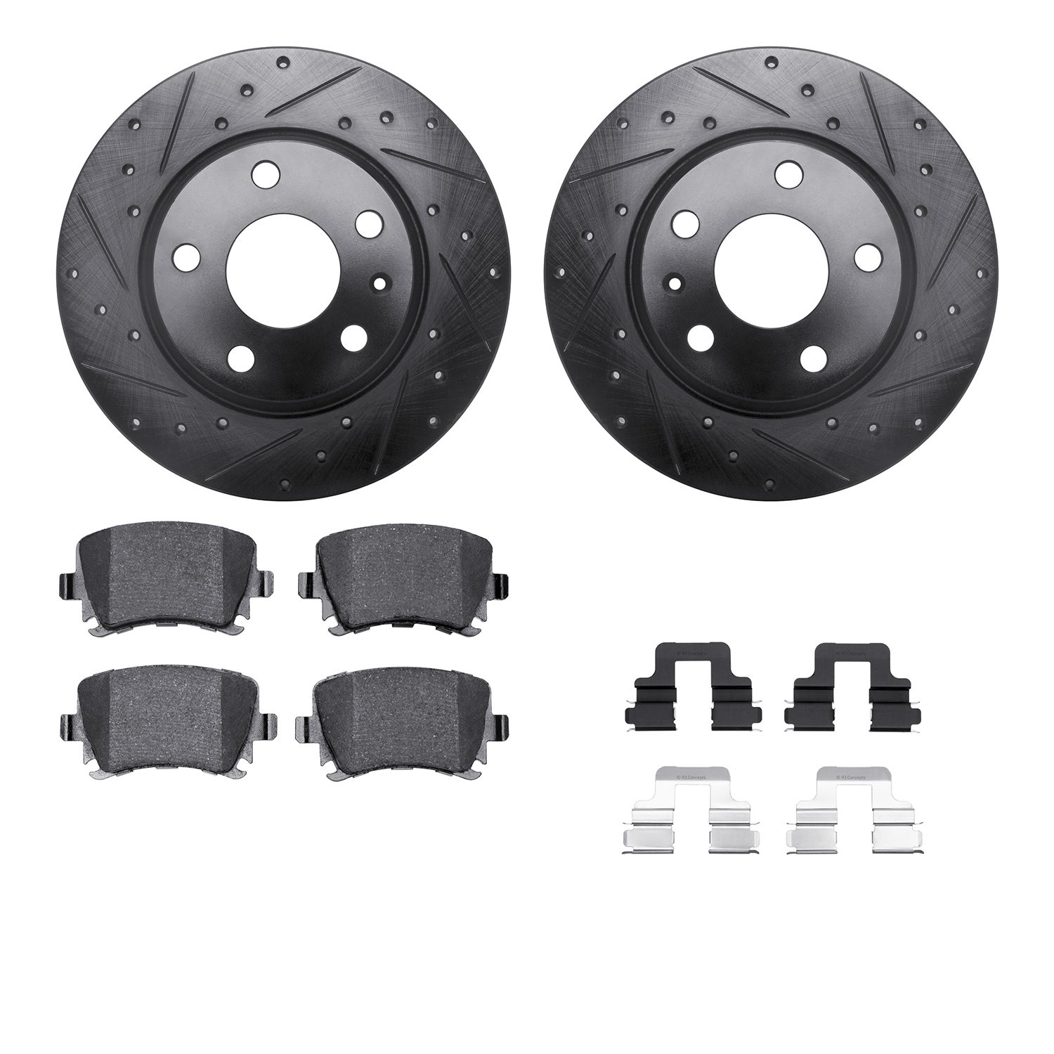 8512-73061 Drilled/Slotted Brake Rotors w/5000 Advanced Brake Pads Kit & Hardware [Black], 2009-2015 Audi/Volkswagen, Position: