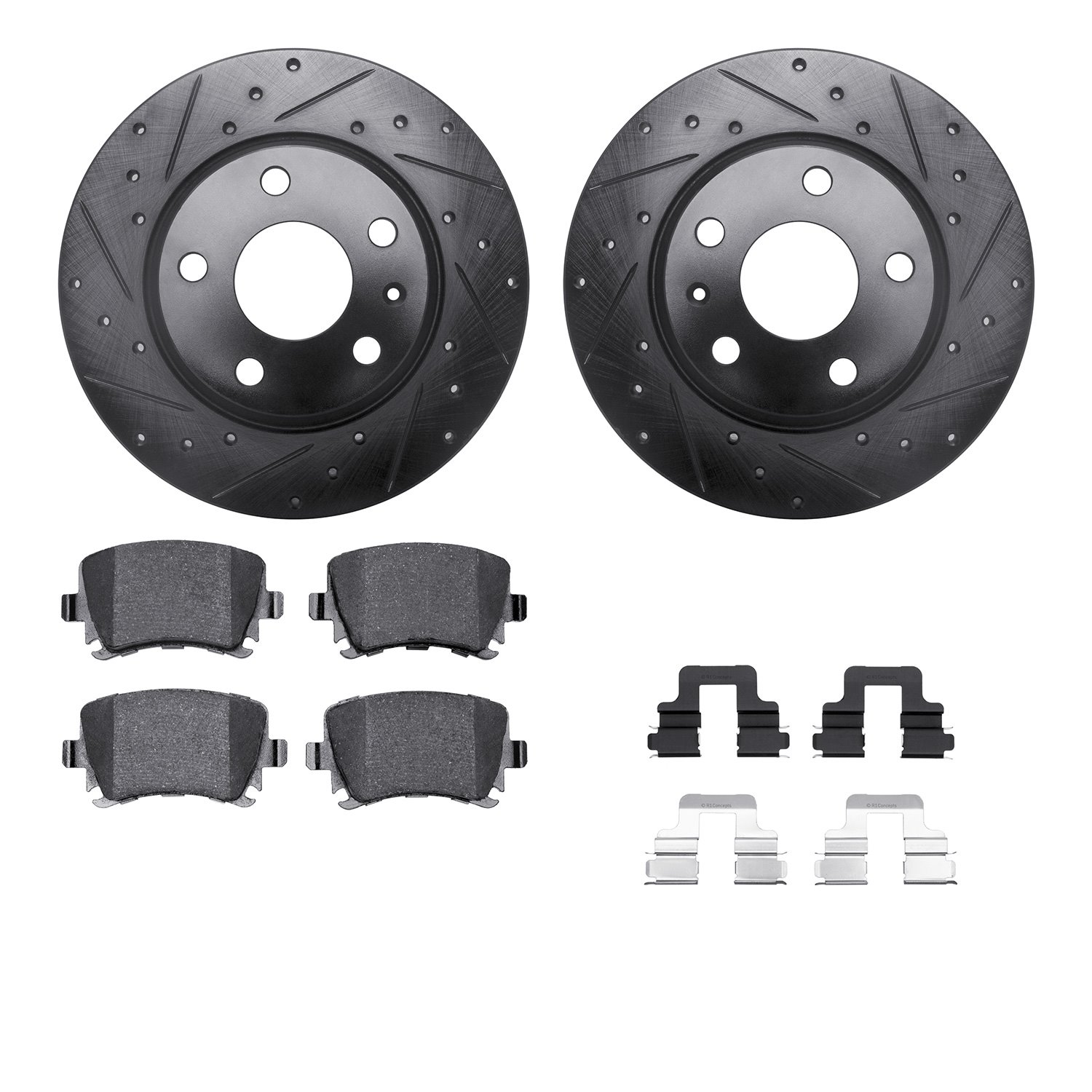 8512-73062 Drilled/Slotted Brake Rotors w/5000 Advanced Brake Pads Kit & Hardware [Black], 2008-2009 Audi/Volkswagen, Position: