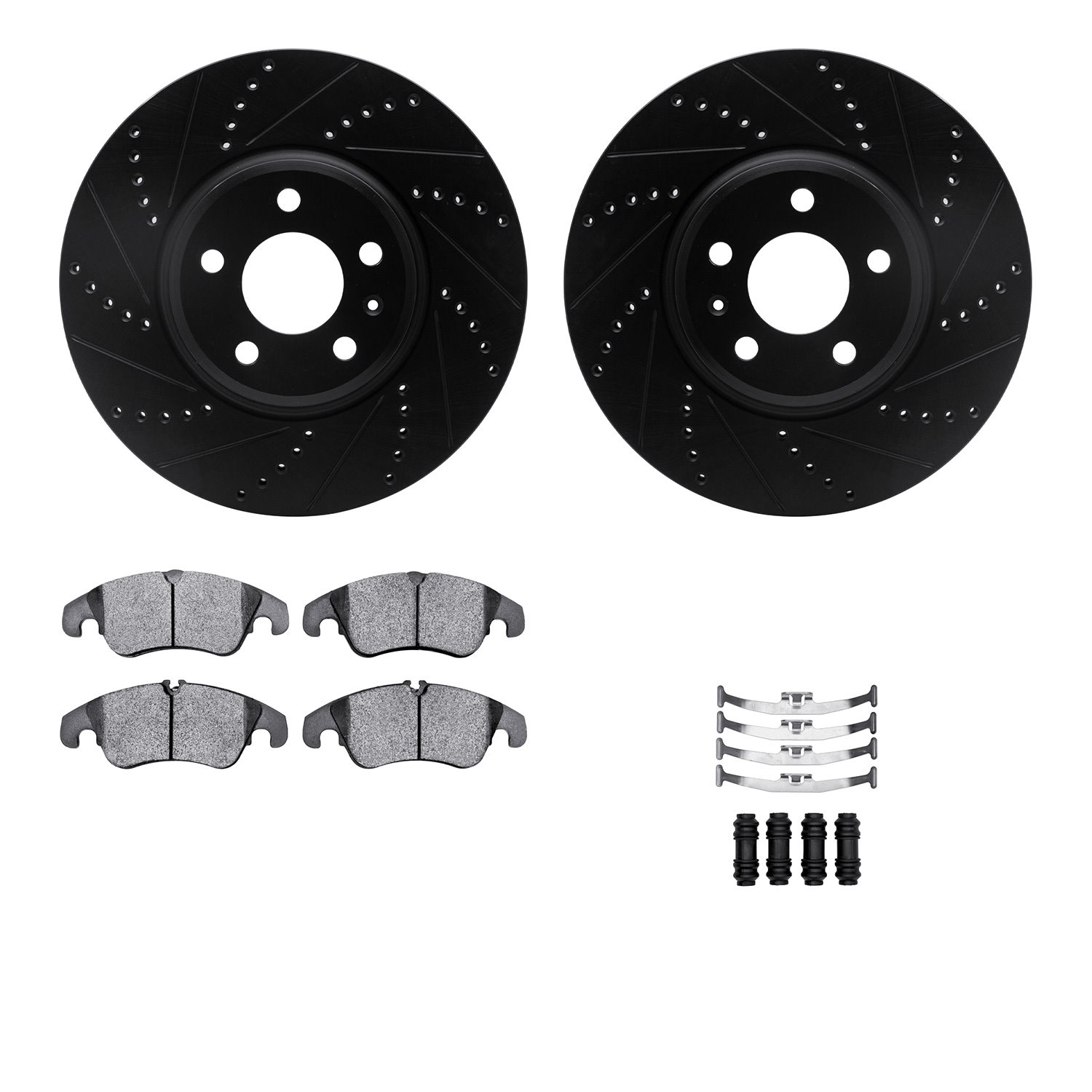 8512-73065 Drilled/Slotted Brake Rotors w/5000 Advanced Brake Pads Kit & Hardware [Black], 2009-2012 Audi/Volkswagen, Position: