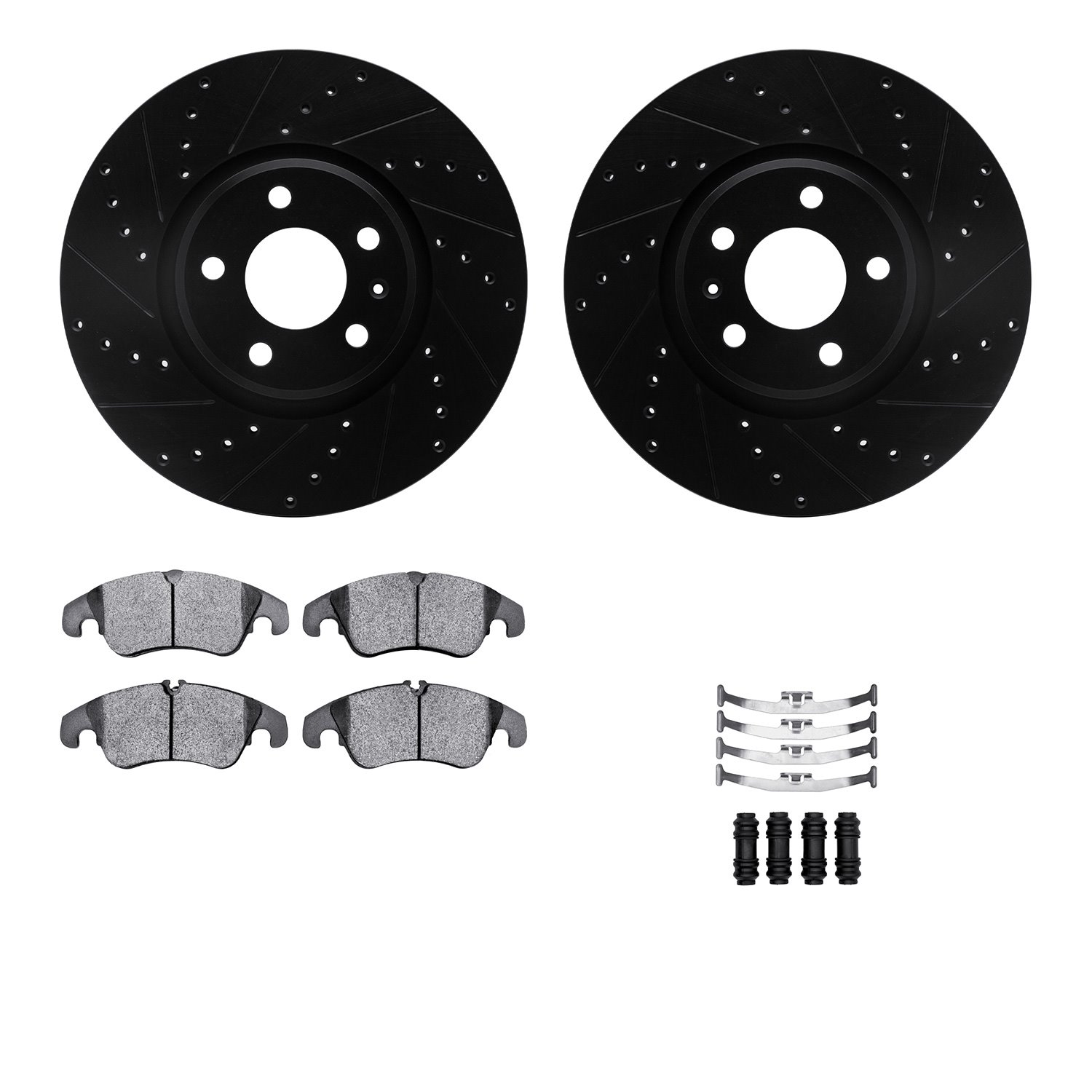 8512-73087 Drilled/Slotted Brake Rotors w/5000 Advanced Brake Pads Kit & Hardware [Black], 2012-2013 Audi/Volkswagen, Position: