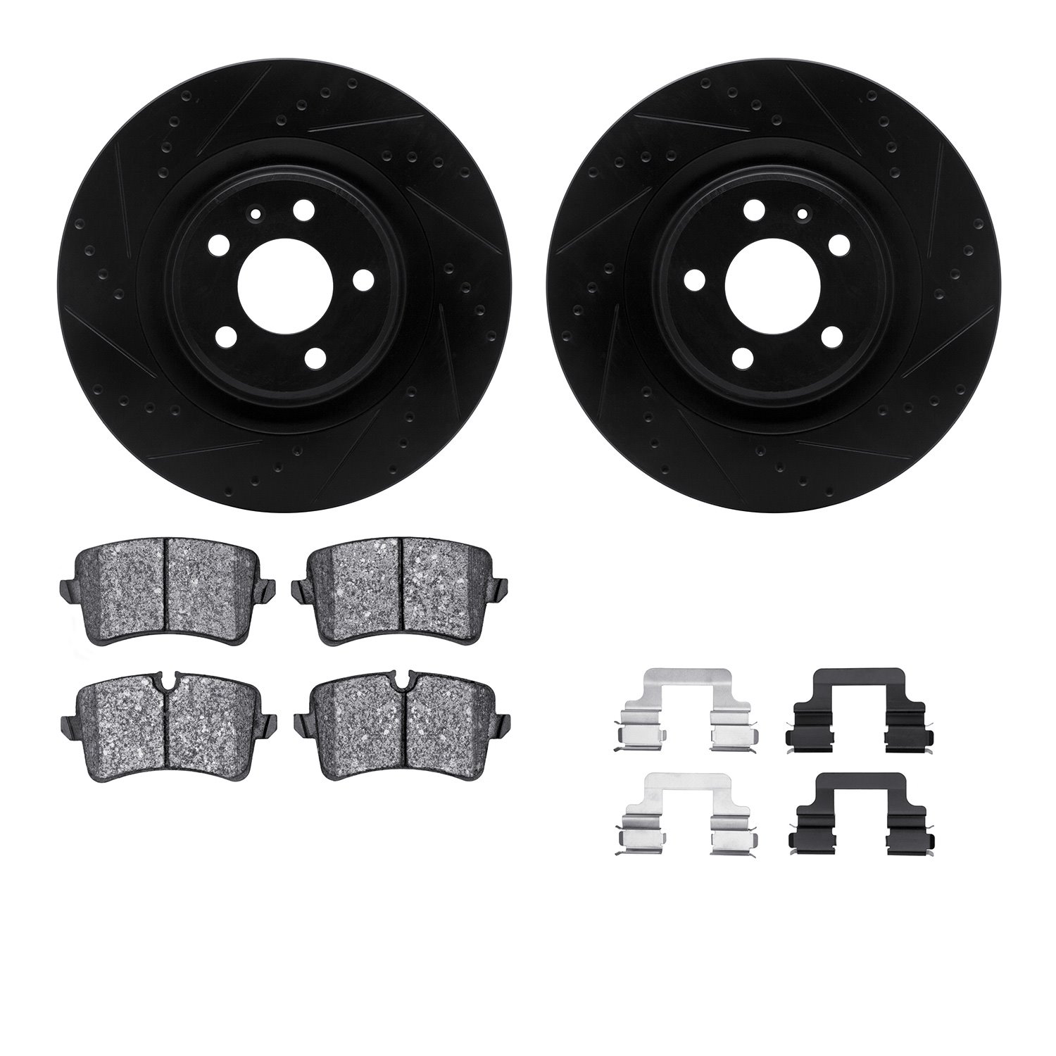 8512-73090 Drilled/Slotted Brake Rotors w/5000 Advanced Brake Pads Kit & Hardware [Black], 2014-2018 Audi/Volkswagen, Position: