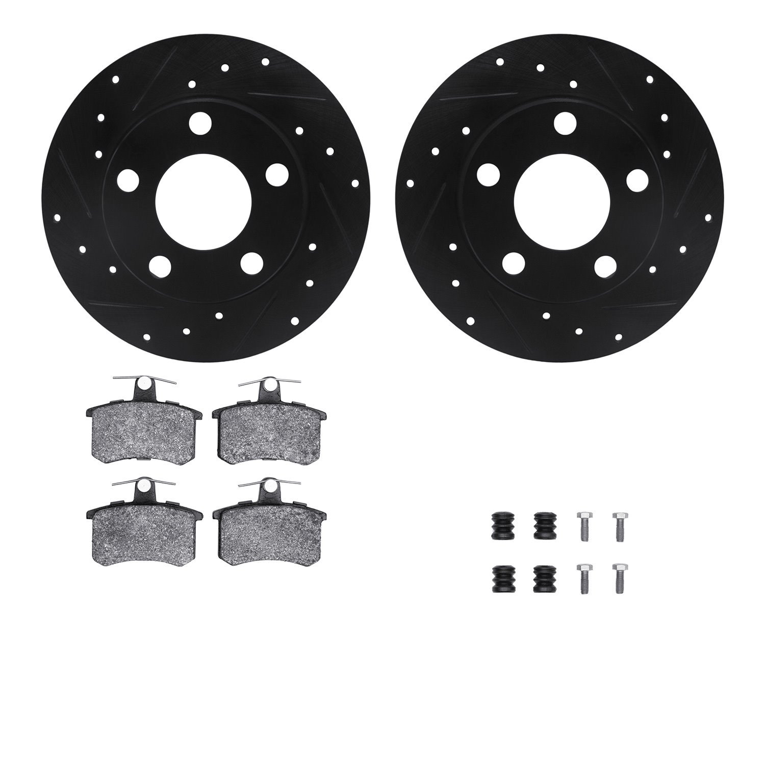 8512-74023 Drilled/Slotted Brake Rotors w/5000 Advanced Brake Pads Kit & Hardware [Black], 1996-2001 Audi/Volkswagen, Position: