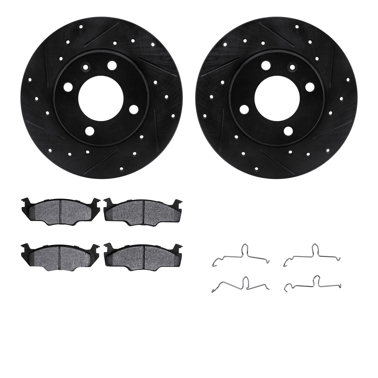 8512-74024 Drilled/Slotted Brake Rotors w/5000 Advanced Brake Pads Kit & Hardware [Black], 1980-1984 Audi/Volkswagen, Position: