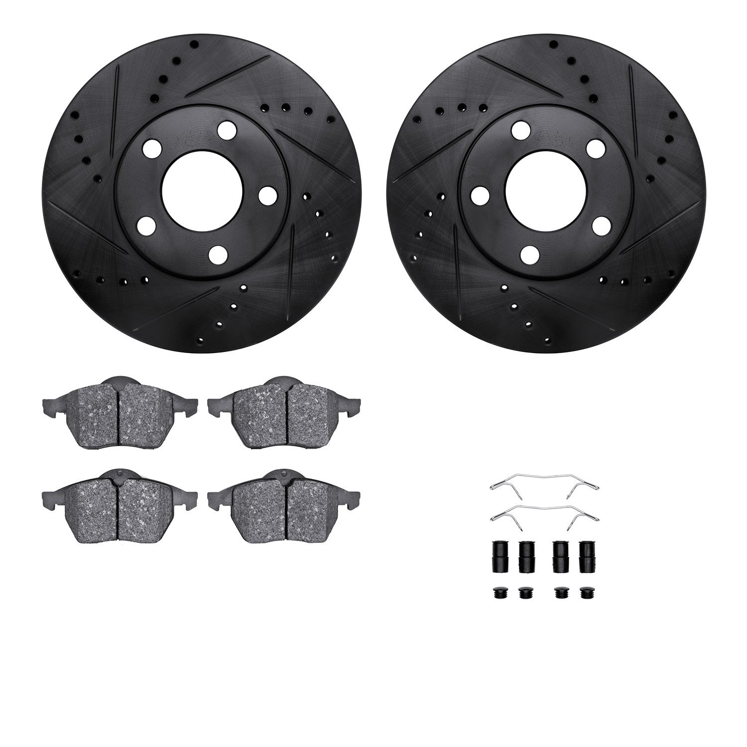 8512-74029 Drilled/Slotted Brake Rotors w/5000 Advanced Brake Pads Kit & Hardware [Black], 1998-1998 Audi/Volkswagen, Position: