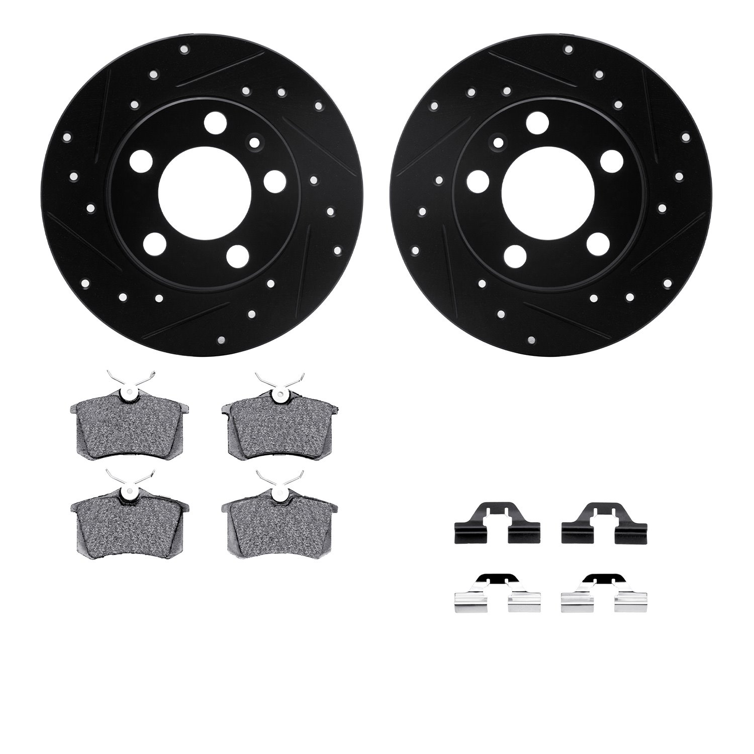 8512-74032 Drilled/Slotted Brake Rotors w/5000 Advanced Brake Pads Kit & Hardware [Black], 1999-2006 Audi/Volkswagen, Position: