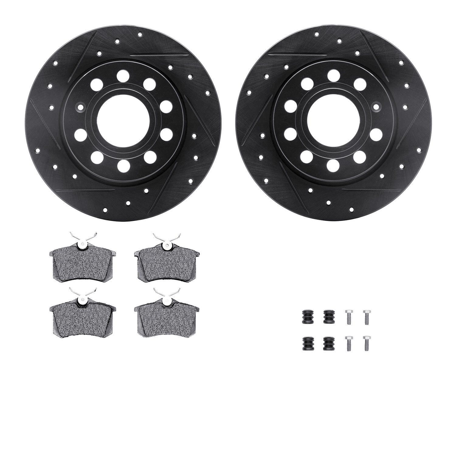 8512-74069 Drilled/Slotted Brake Rotors w/5000 Advanced Brake Pads Kit & Hardware [Black], 2012-2019 Audi/Volkswagen, Position: