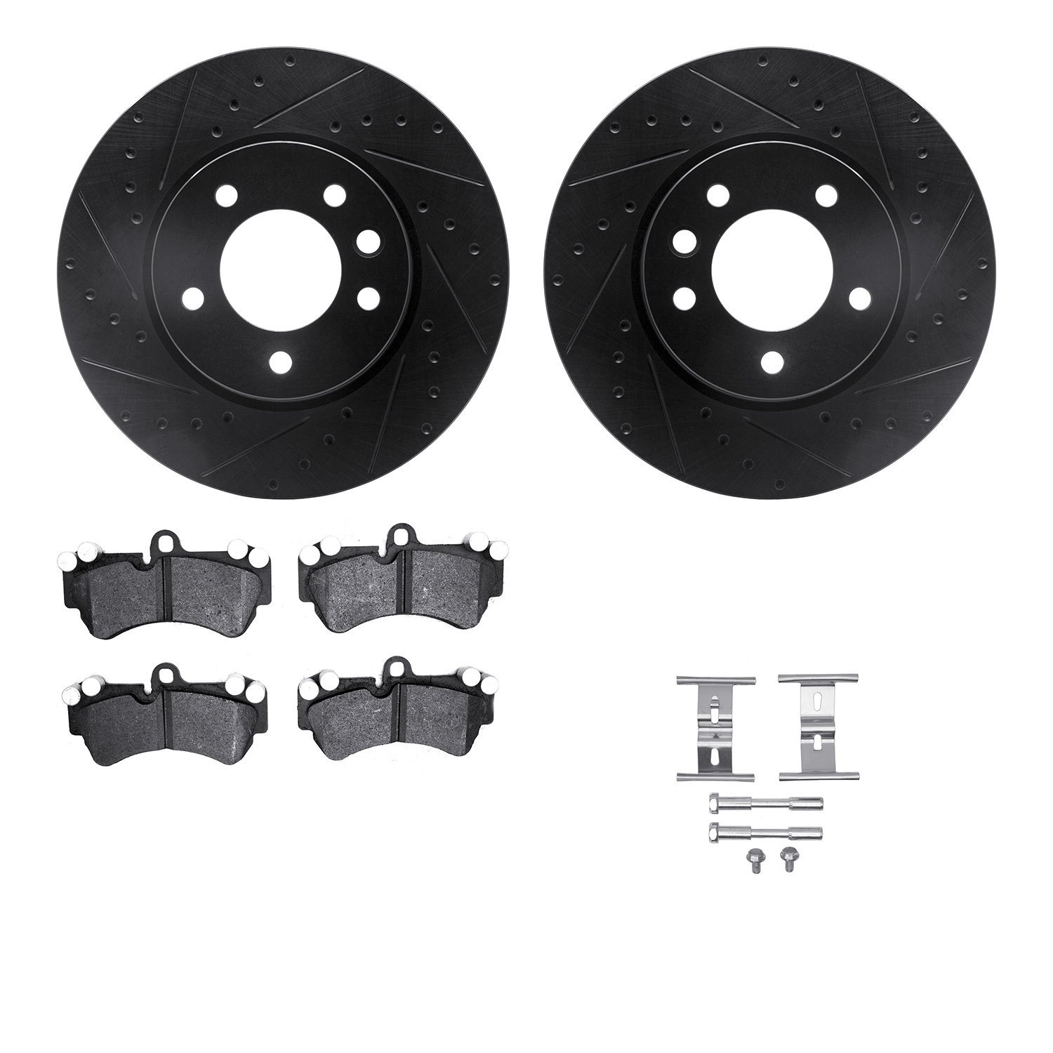 8512-74098 Drilled/Slotted Brake Rotors w/5000 Advanced Brake Pads Kit & Hardware [Black], 2003-2010 Multiple Makes/Models, Posi