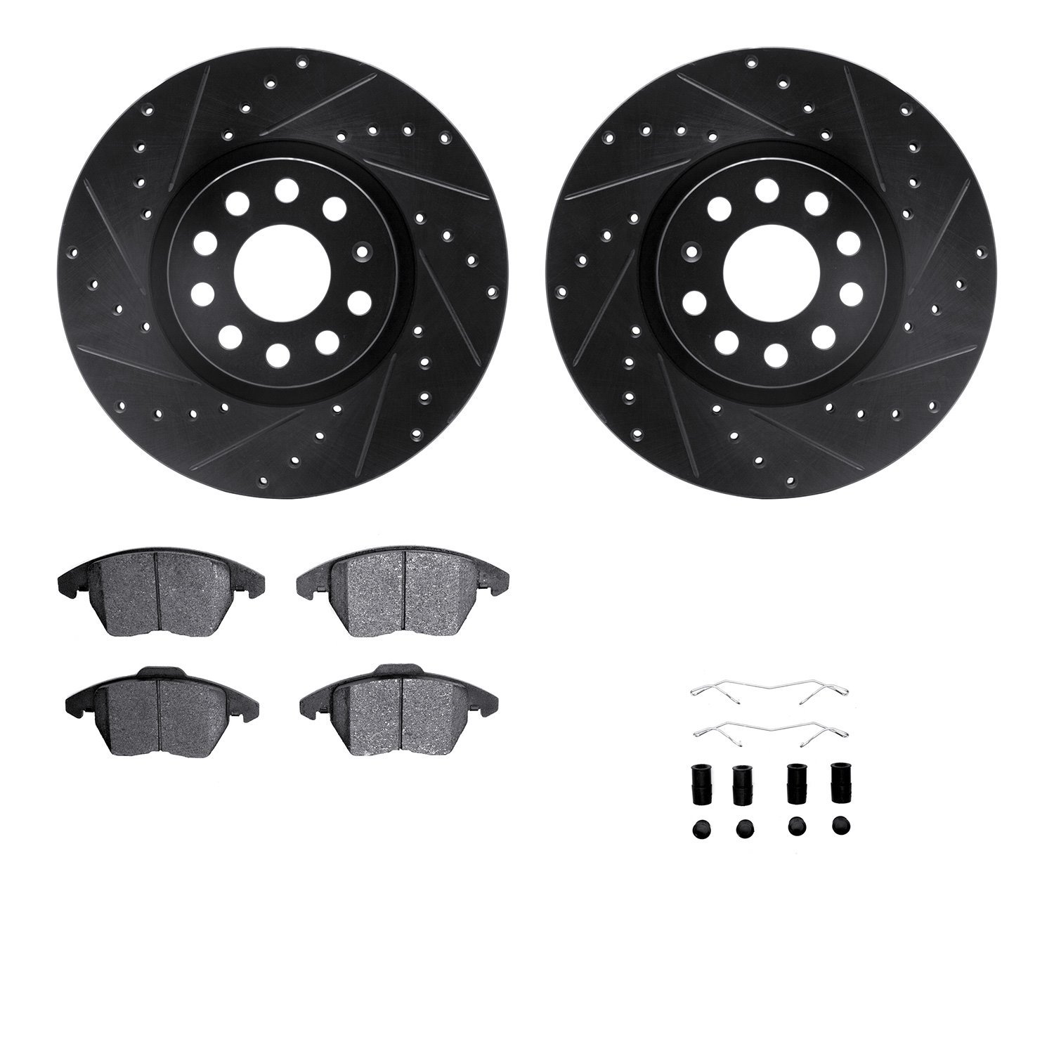 8512-74105 Drilled/Slotted Brake Rotors w/5000 Advanced Brake Pads Kit & Hardware [Black], 2006-2017 Audi/Volkswagen, Position: