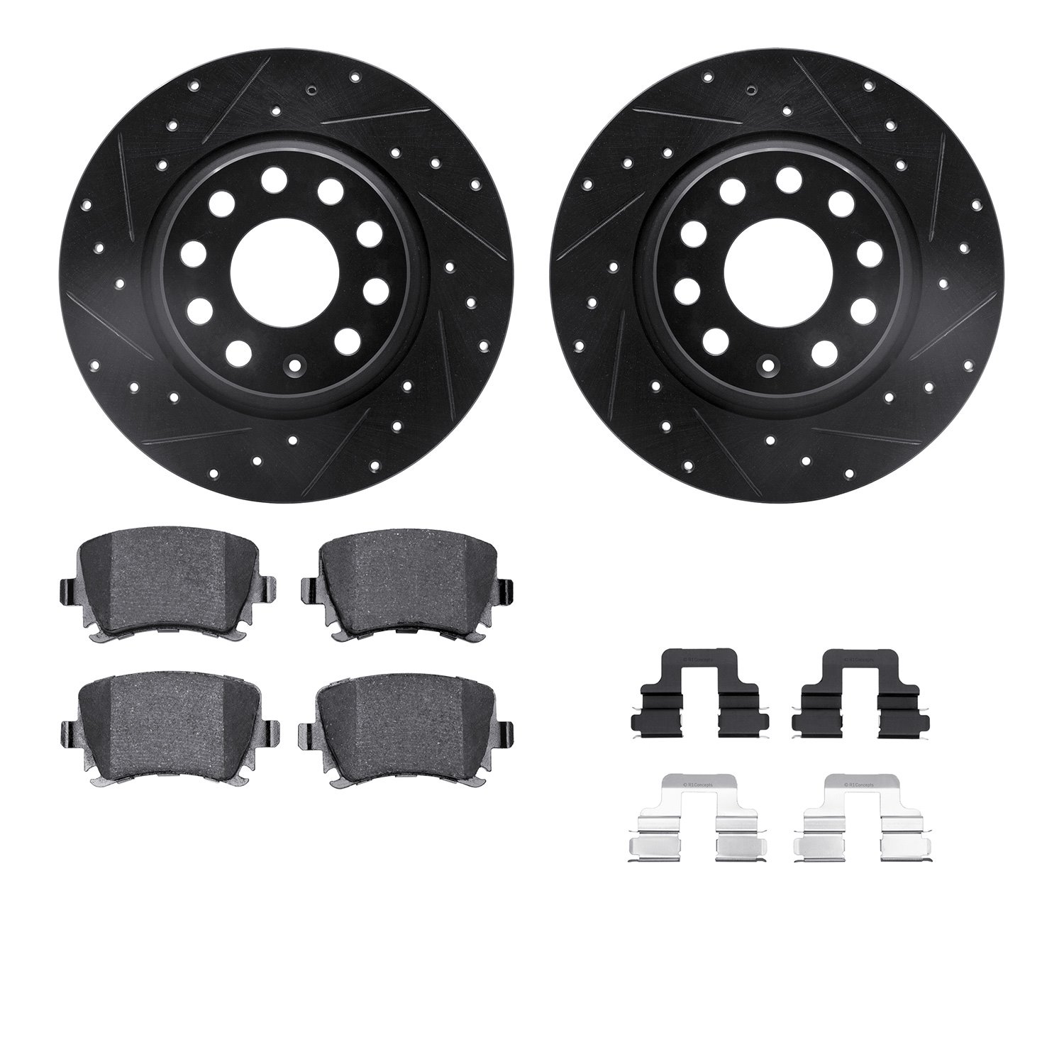 8512-74113 Drilled/Slotted Brake Rotors w/5000 Advanced Brake Pads Kit & Hardware [Black], 2005-2010 Audi/Volkswagen, Position: