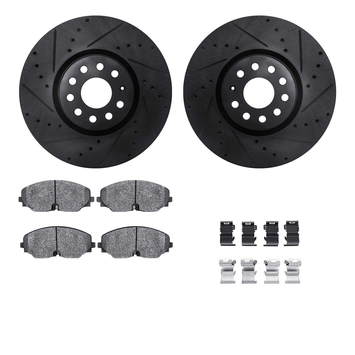 8512-74117 Drilled/Slotted Brake Rotors w/5000 Advanced Brake Pads Kit & Hardware [Black], Fits Select Audi/Volkswagen, Position