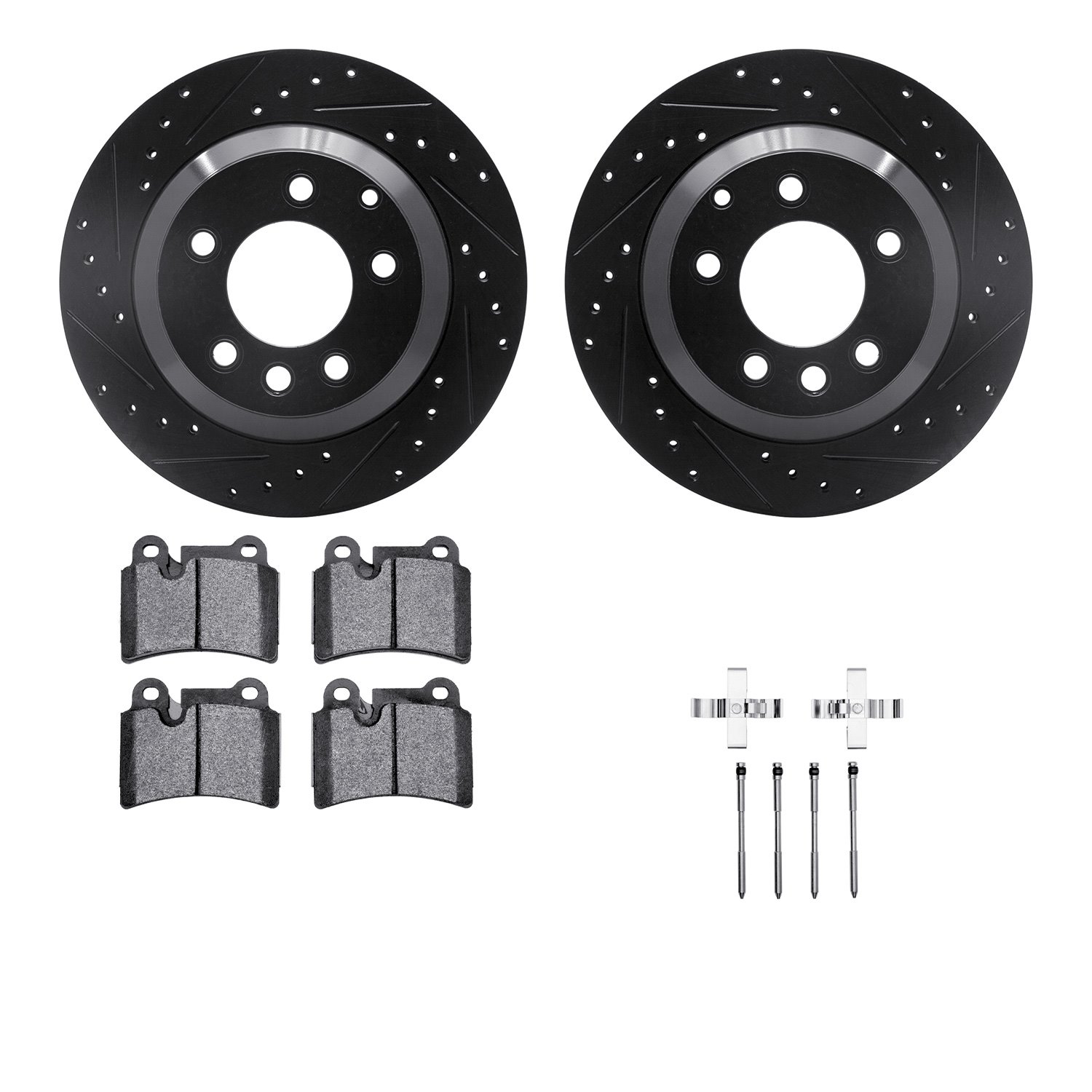 8512-74405 Drilled/Slotted Brake Rotors w/5000 Advanced Brake Pads Kit & Hardware [Black], 2008-2009 Audi/Volkswagen, Position:
