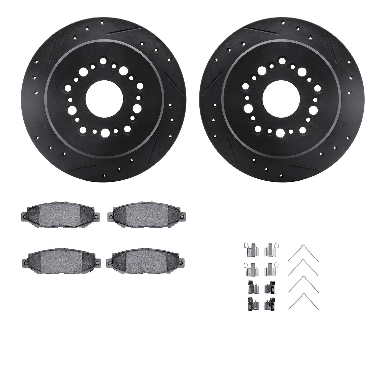 8512-75004 Drilled/Slotted Brake Rotors w/5000 Advanced Brake Pads Kit & Hardware [Black], 1992-1998 Lexus/Toyota/Scion, Positio