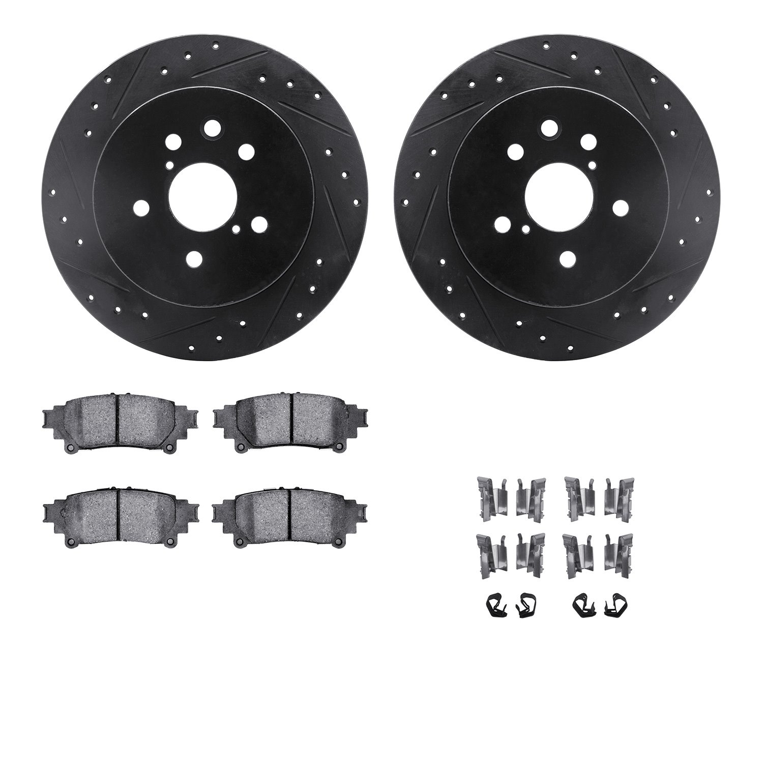 8512-75018 Drilled/Slotted Brake Rotors w/5000 Advanced Brake Pads Kit & Hardware [Black], 2014-2015 Lexus/Toyota/Scion, Positio