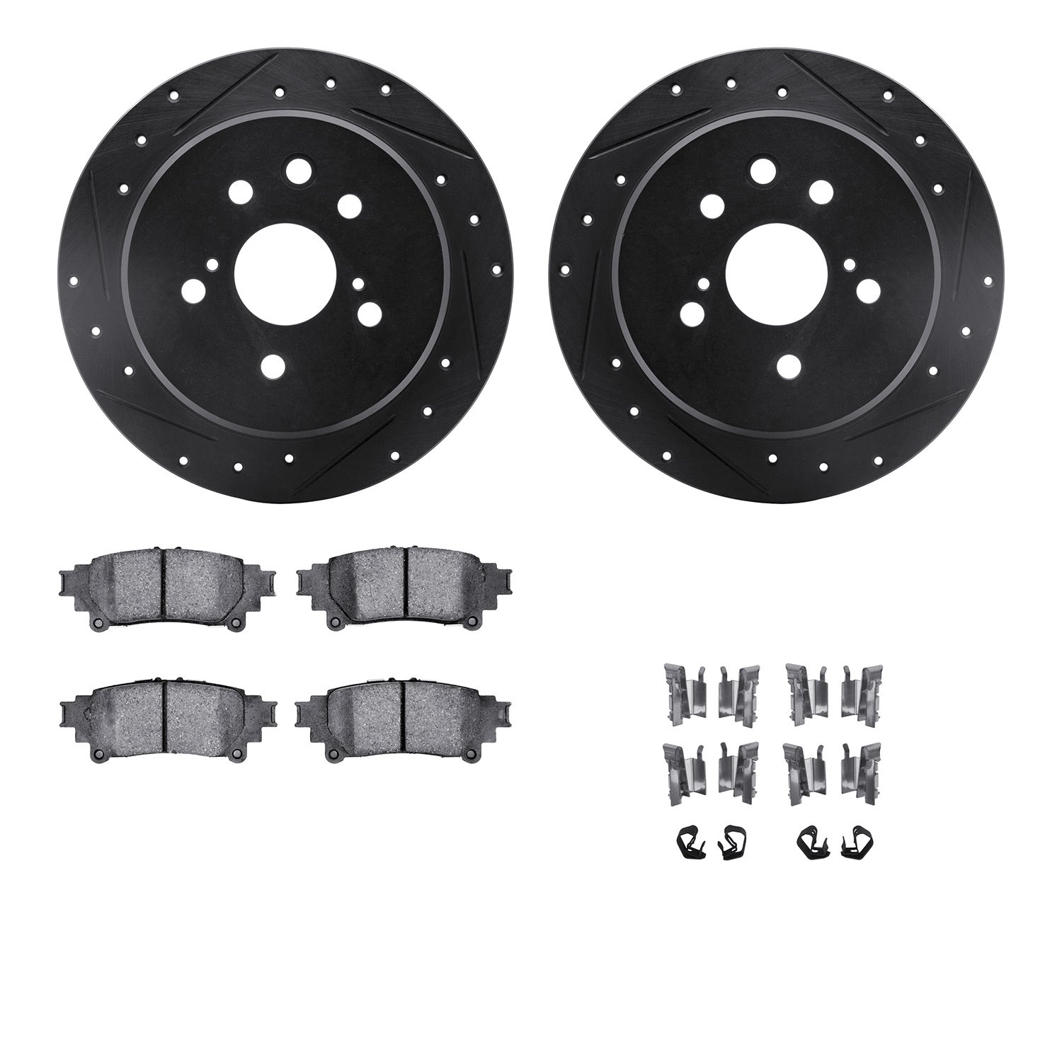 8512-75020 Drilled/Slotted Brake Rotors w/5000 Advanced Brake Pads Kit & Hardware [Black], 2014-2015 Lexus/Toyota/Scion, Positio