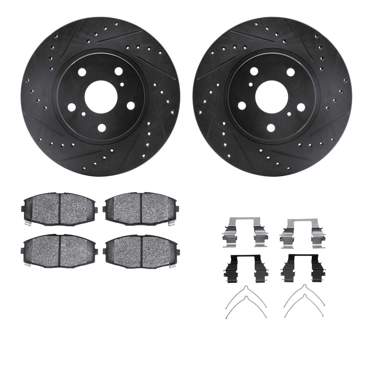 8512-76021 Drilled/Slotted Brake Rotors w/5000 Advanced Brake Pads Kit & Hardware [Black], 1986-1992 Lexus/Toyota/Scion, Positio