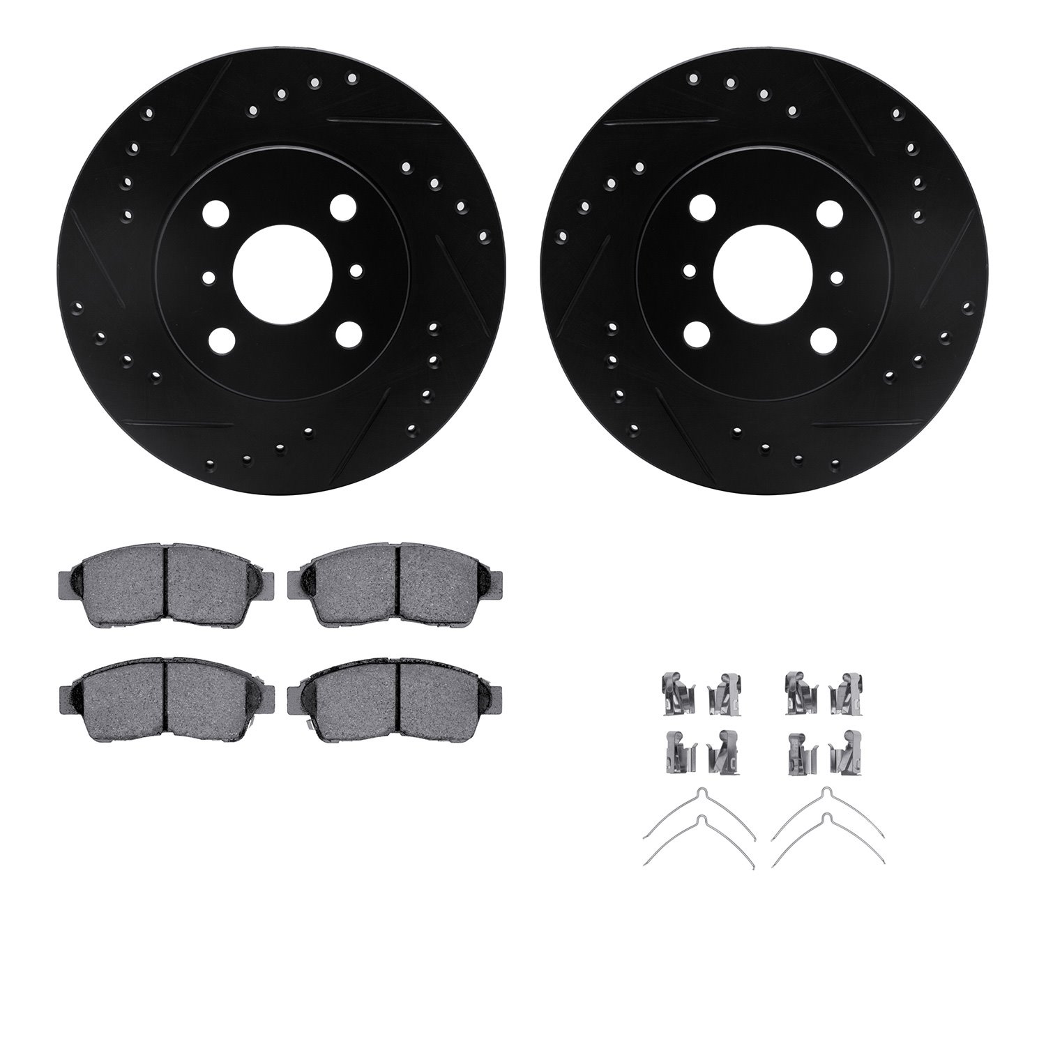 8512-76064 Drilled/Slotted Brake Rotors w/5000 Advanced Brake Pads Kit & Hardware [Black], 1993-1997 Multiple Makes/Models, Posi