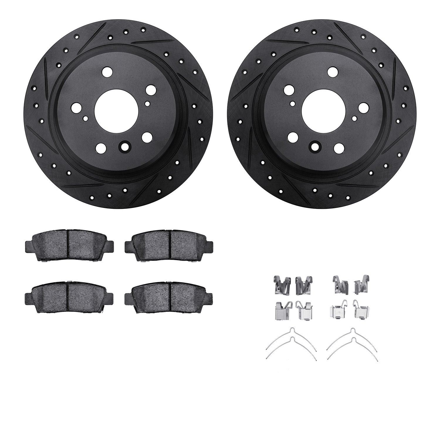 8512-76071 Drilled/Slotted Brake Rotors w/5000 Advanced Brake Pads Kit & Hardware [Black], 1995-1999 Lexus/Toyota/Scion, Positio