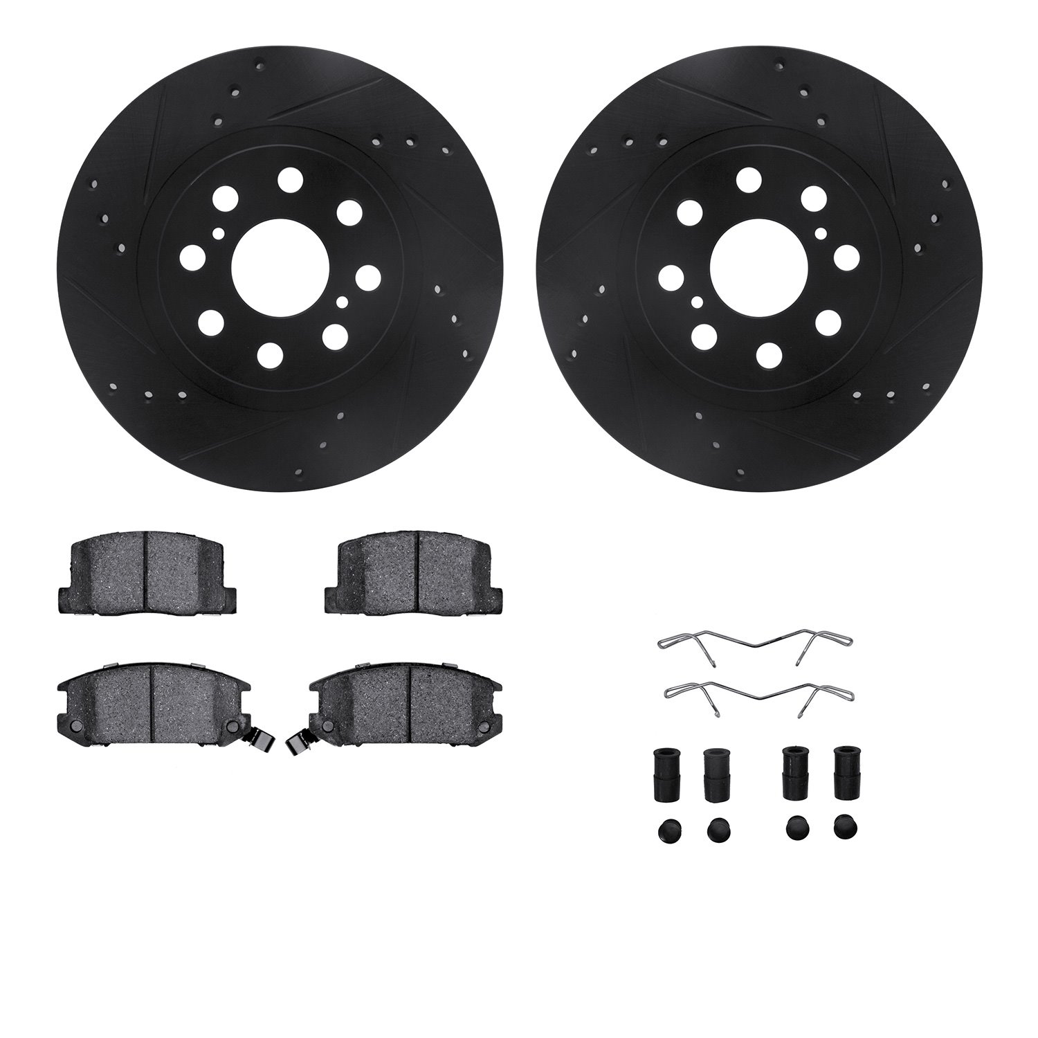 8512-76092 Drilled/Slotted Brake Rotors w/5000 Advanced Brake Pads Kit & Hardware [Black], 2000-2005 Lexus/Toyota/Scion, Positio