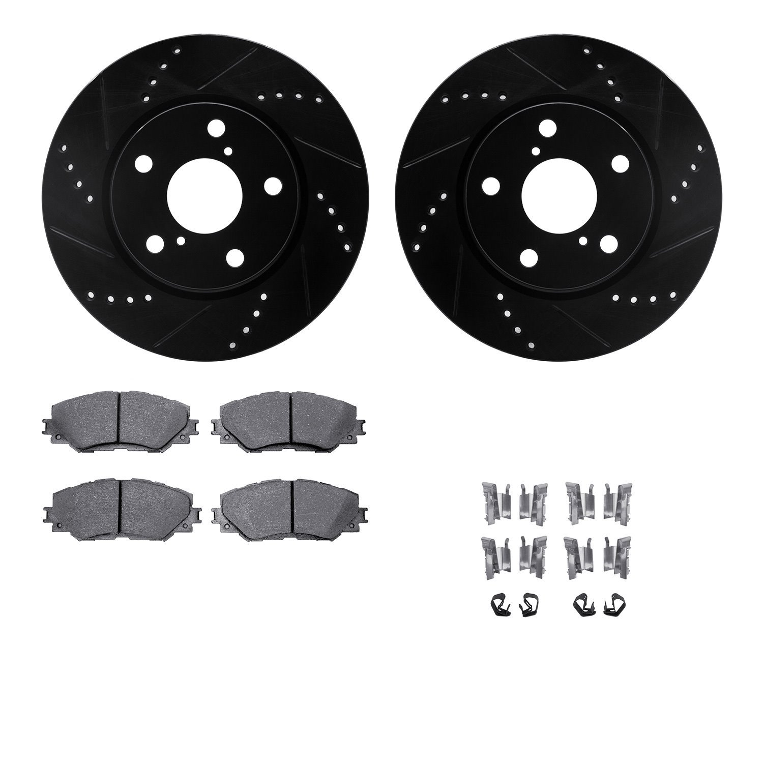 8512-76158 Drilled/Slotted Brake Rotors w/5000 Advanced Brake Pads Kit & Hardware [Black], 2006-2018 Multiple Makes/Models, Posi