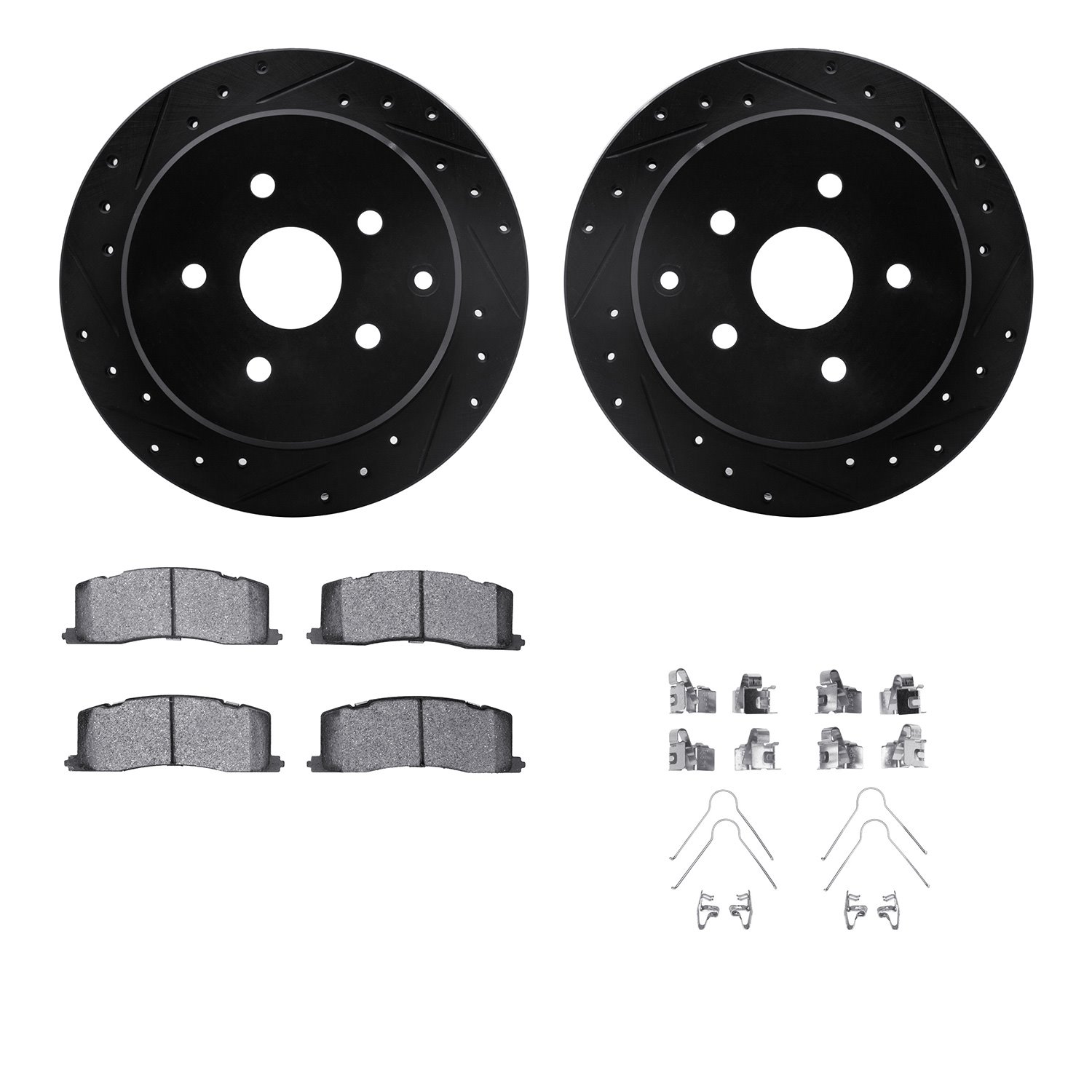 8512-76180 Drilled/Slotted Brake Rotors w/5000 Advanced Brake Pads Kit & Hardware [Black], 1991-1997 Lexus/Toyota/Scion, Positio