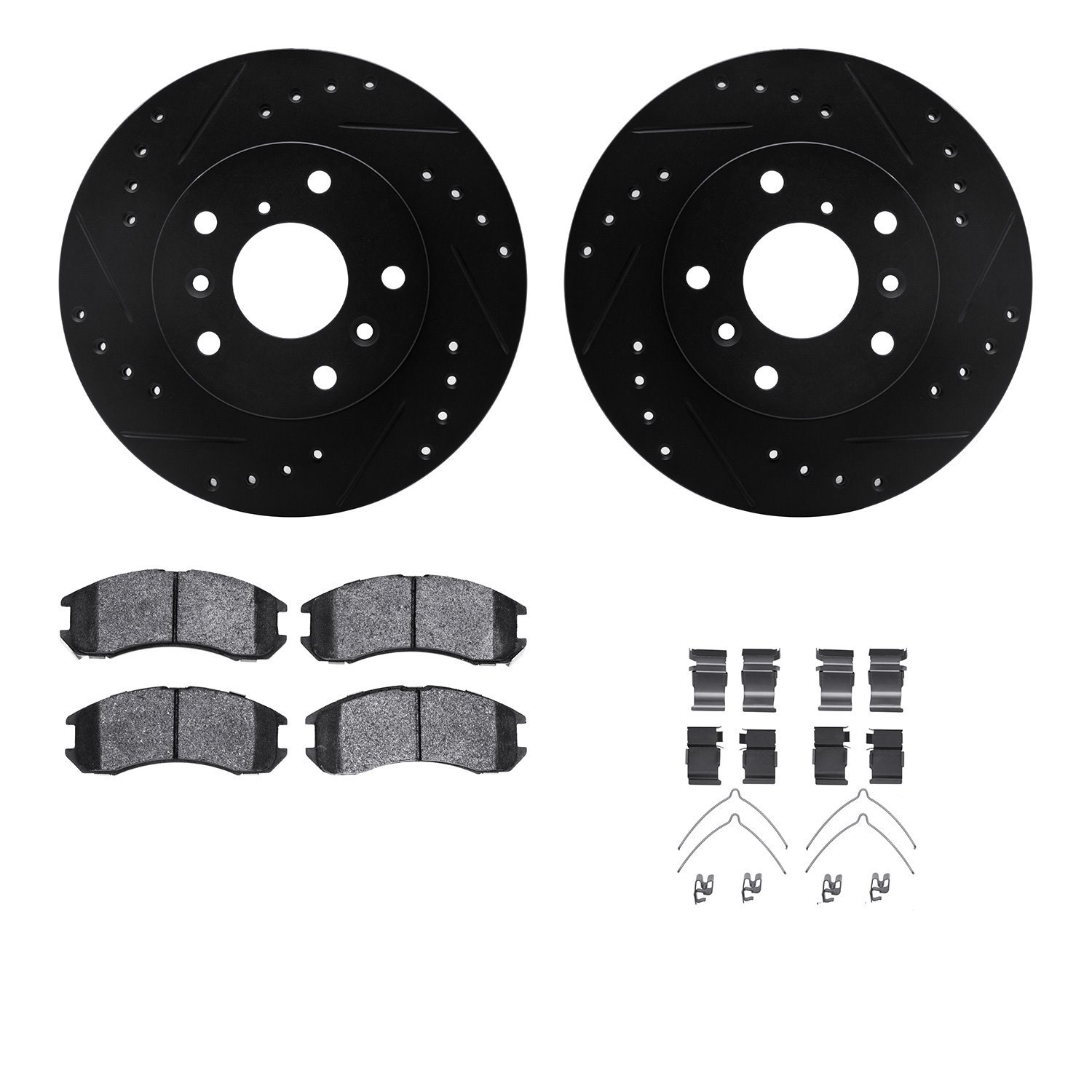 8512-80009 Drilled/Slotted Brake Rotors w/5000 Advanced Brake Pads Kit & Hardware [Black], 1988-1992 Ford/Lincoln/Mercury/Mazda,