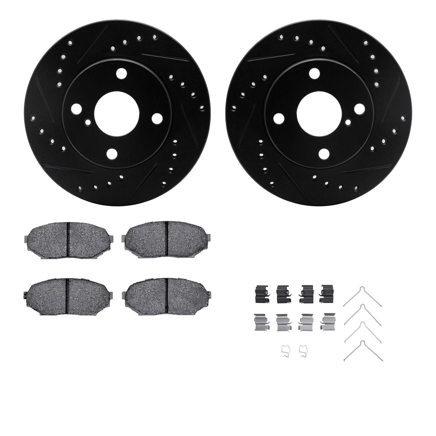 8512-80015 Drilled/Slotted Brake Rotors w/5000 Advanced Brake Pads Kit & Hardware [Black], 1990-1993 Ford/Lincoln/Mercury/Mazda,