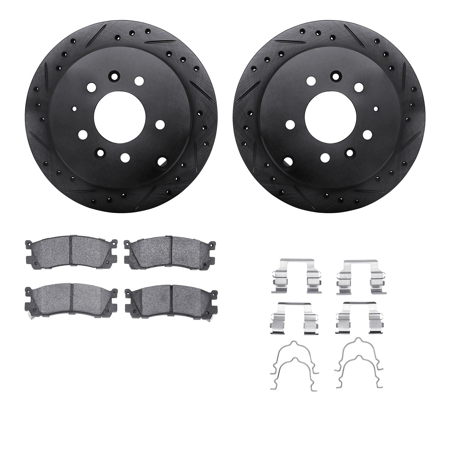 8512-80050 Drilled/Slotted Brake Rotors w/5000 Advanced Brake Pads Kit & Hardware [Black], 1992-1998 Ford/Lincoln/Mercury/Mazda,