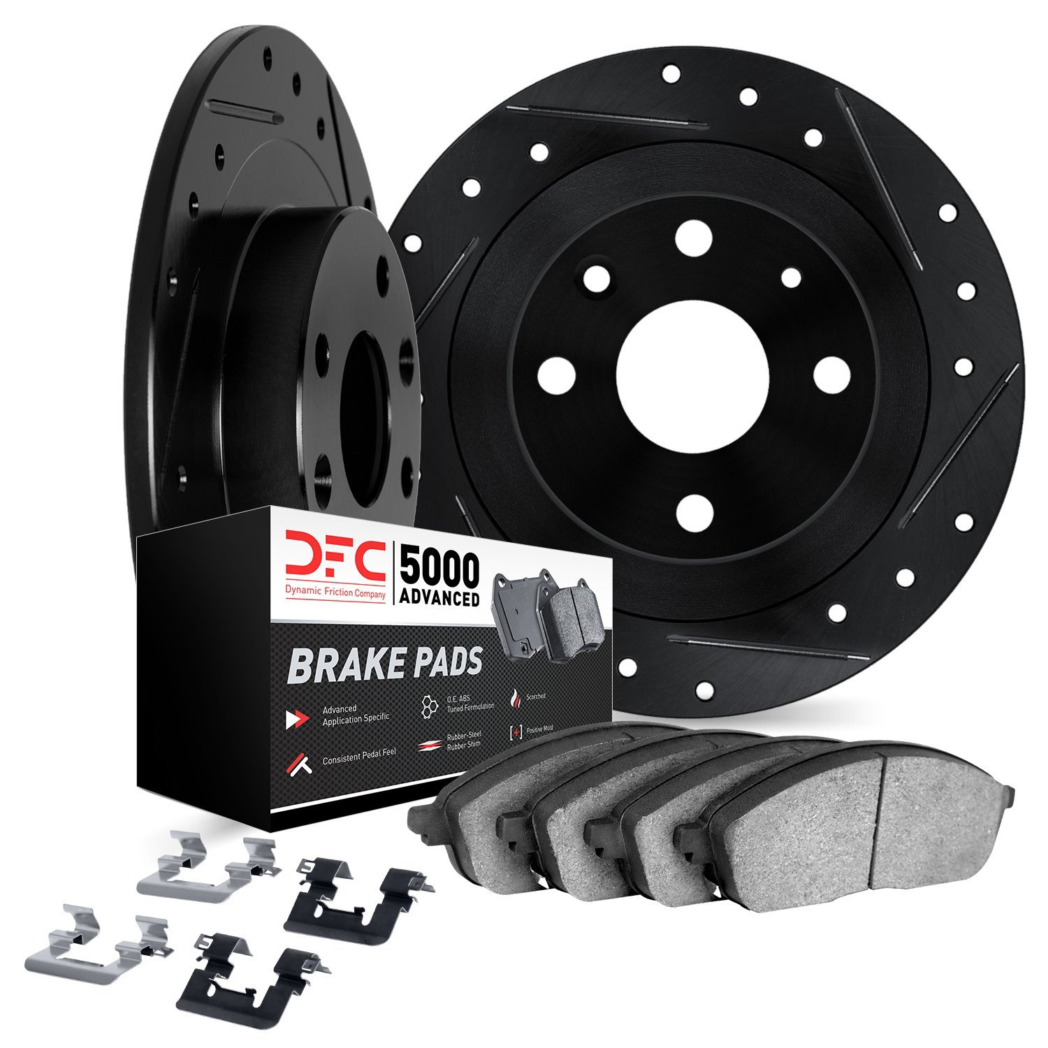 8512-92014 Drilled/Slotted Brake Rotors w/5000 Advanced Brake Pads Kit & Hardware [Black], 2000-2003 GM, Position: Rear