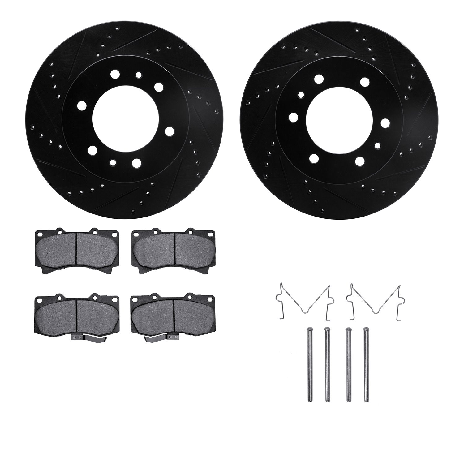 8512-93001 Drilled/Slotted Brake Rotors w/5000 Advanced Brake Pads Kit & Hardware [Black], 2006-2010 GM, Position: Front