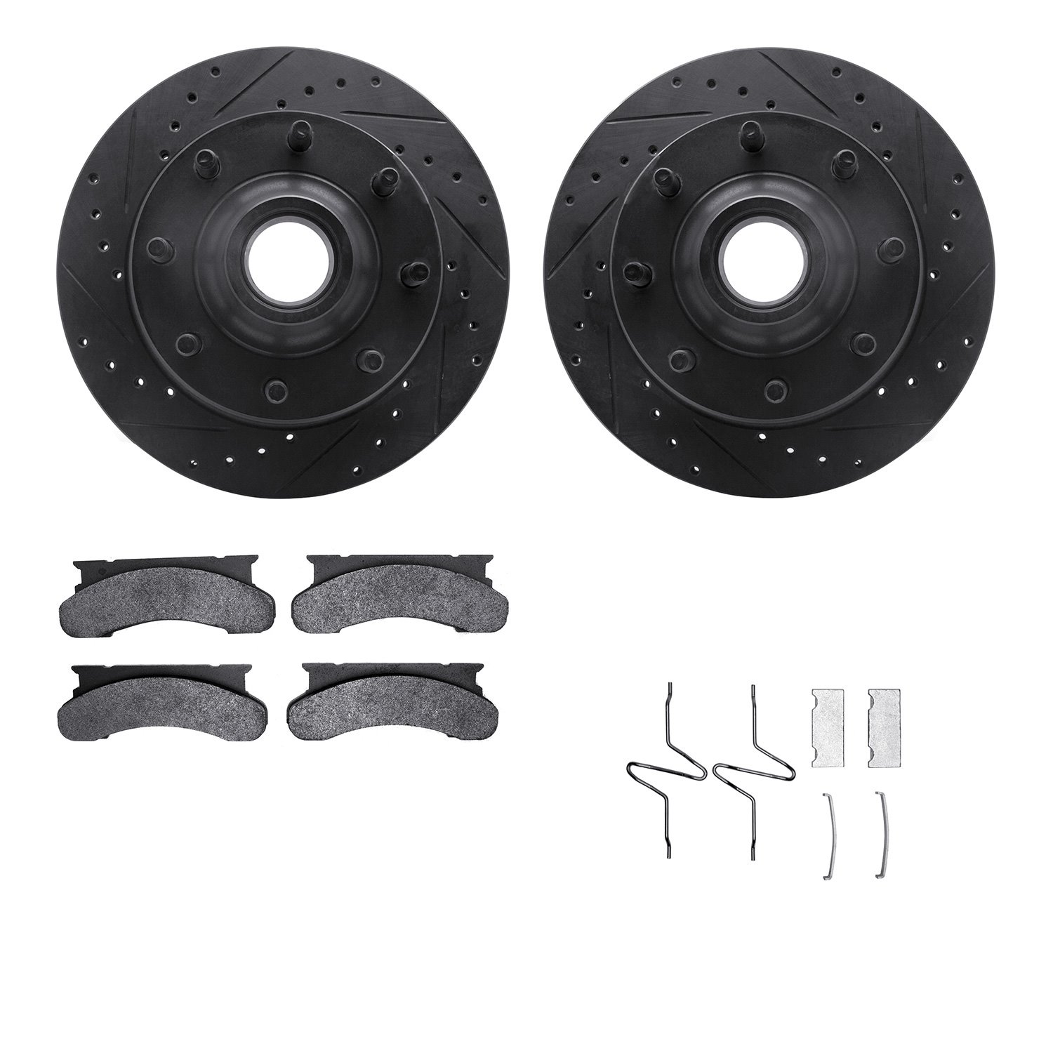 8512-99254 Drilled/Slotted Brake Rotors w/5000 Advanced Brake Pads Kit & Hardware [Black], 1980-1985 Ford/Lincoln/Mercury/Mazda,