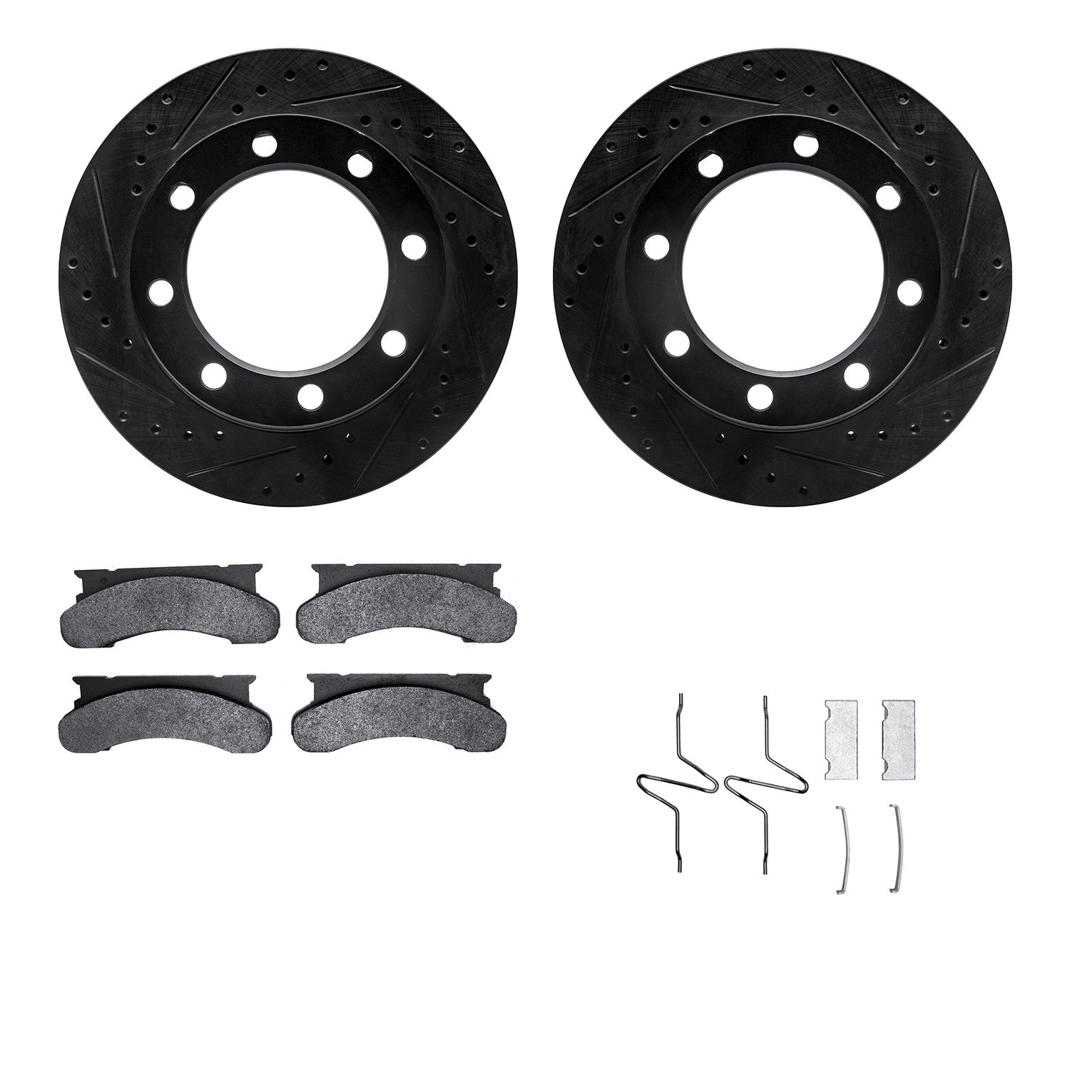 8512-99257 Drilled/Slotted Brake Rotors w/5000 Advanced Brake Pads Kit & Hardware [Black], 1980-1994 Ford/Lincoln/Mercury/Mazda,