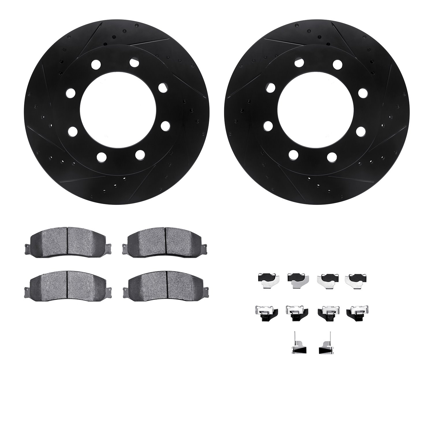 8512-99577 Drilled/Slotted Brake Rotors w/5000 Advanced Brake Pads Kit & Hardware [Black], 2010-2012 Ford/Lincoln/Mercury/Mazda,