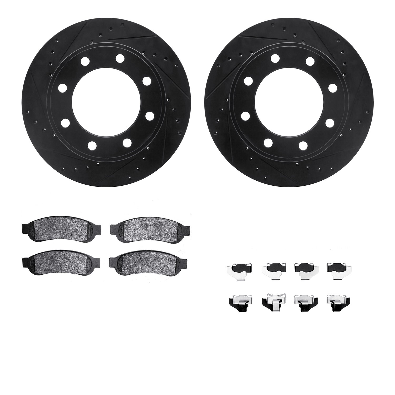 8512-99584 Drilled/Slotted Brake Rotors w/5000 Advanced Brake Pads Kit & Hardware [Black], 2010-2012 Ford/Lincoln/Mercury/Mazda,