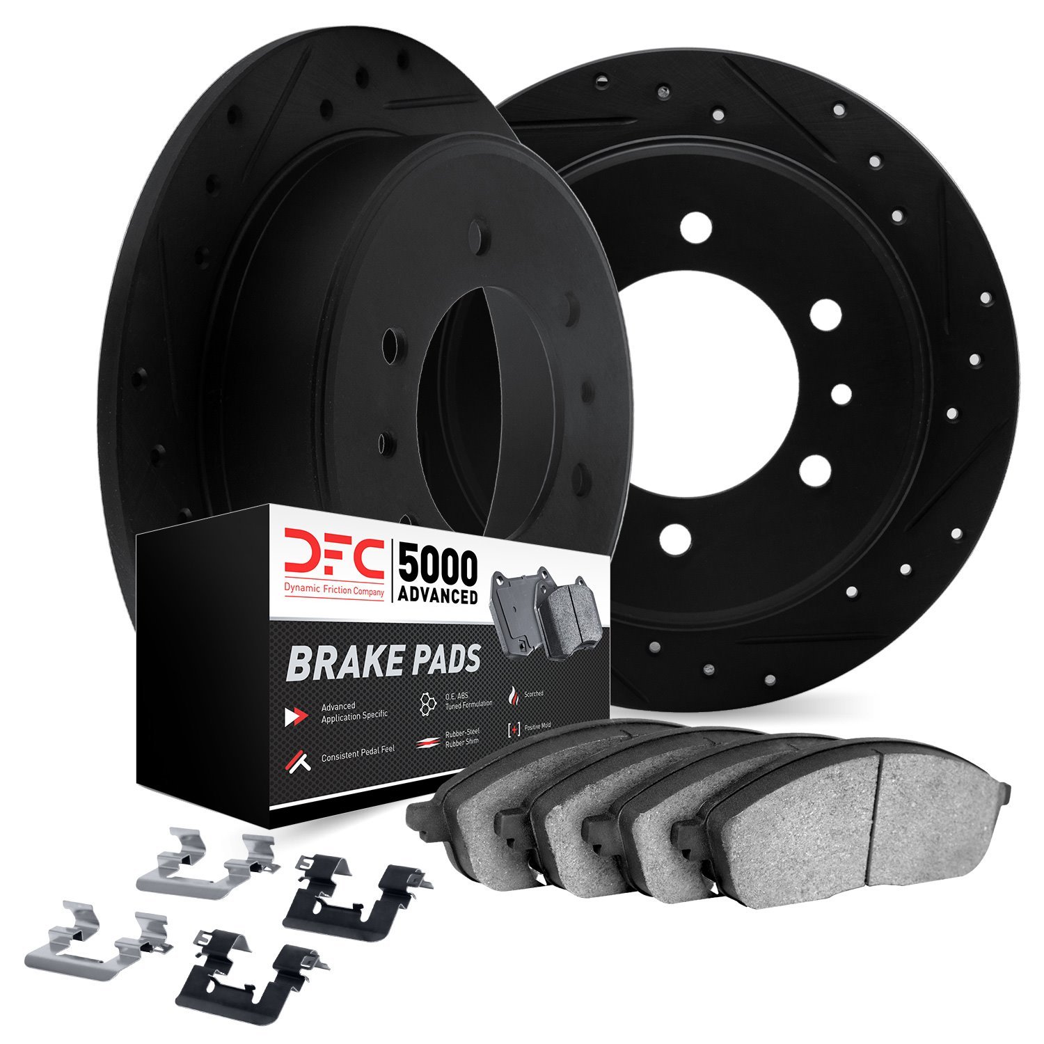 8512-99693 Drilled/Slotted Brake Rotors w/5000 Advanced Brake Pads Kit & Hardware [Black], 2015-2019 Ford/Lincoln/Mercury/Mazda,
