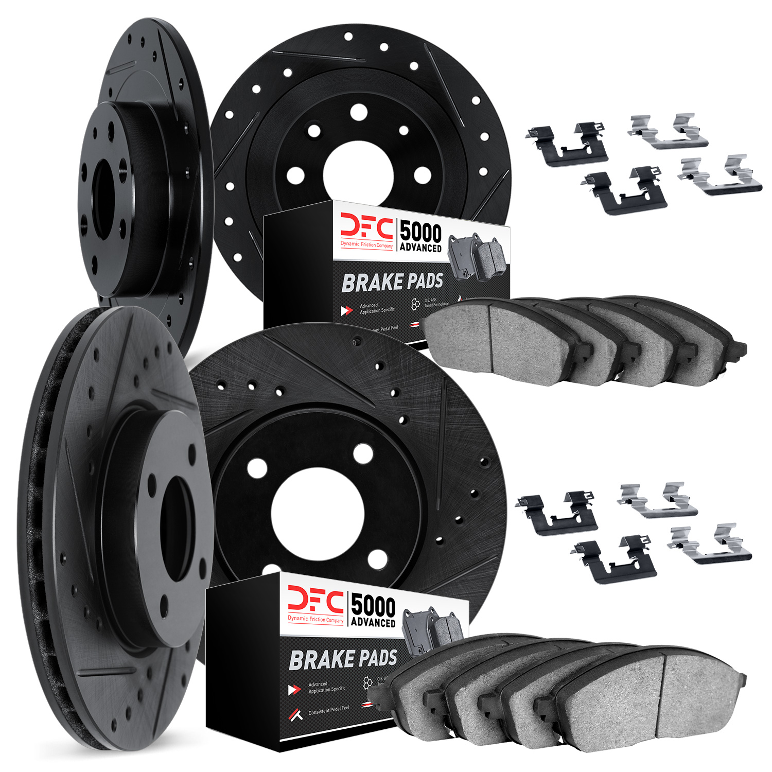 8514-03066 Drilled/Slotted Brake Rotors w/5000 Advanced Brake Pads Kit & Hardware [Black], 2013-2015 Mopar, Position: Front and
