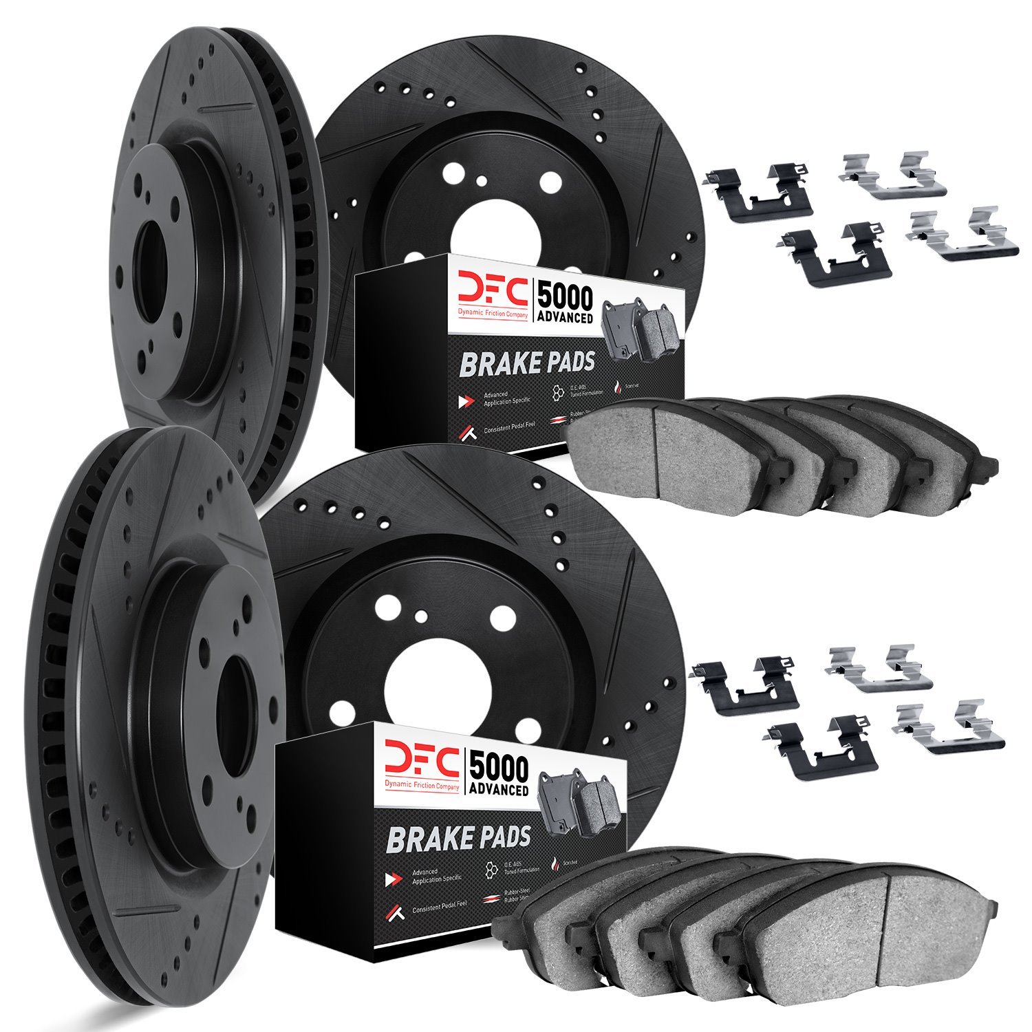 8514-11017 Drilled/Slotted Brake Rotors w/5000 Advanced Brake Pads Kit & Hardware [Black], 2010-2013 Land Rover, Position: Front