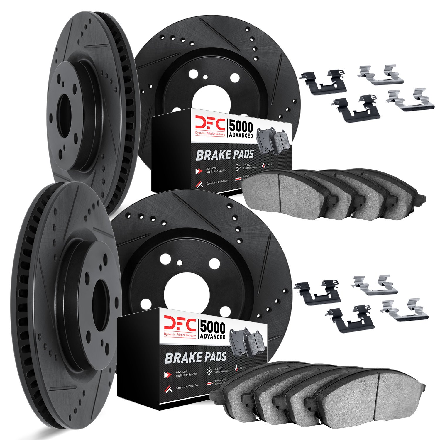 8514-20003 Drilled/Slotted Brake Rotors w/5000 Advanced Brake Pads Kit & Hardware [Black], 2005-2006 Jaguar, Position: Front and