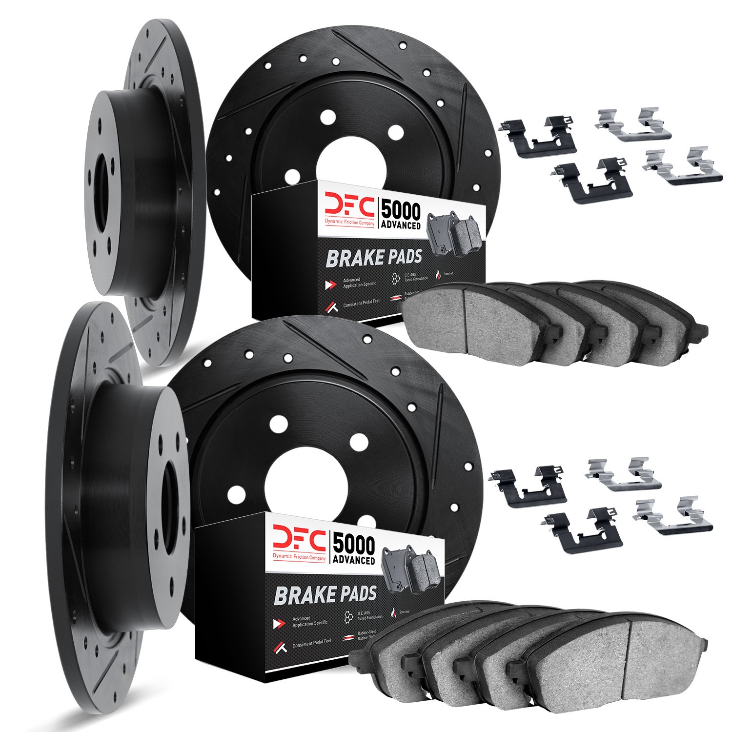 8514-27000 Drilled/Slotted Brake Rotors w/5000 Advanced Brake Pads Kit & Hardware [Black], 1975-1975 Volvo, Position: Front and