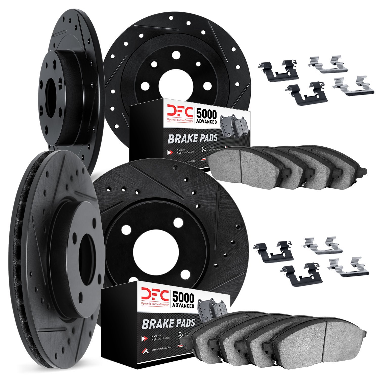 8514-28001 Drilled/Slotted Brake Rotors w/5000 Advanced Brake Pads Kit & Hardware [Black], 1977-1986 Peugeot, Position: Front an