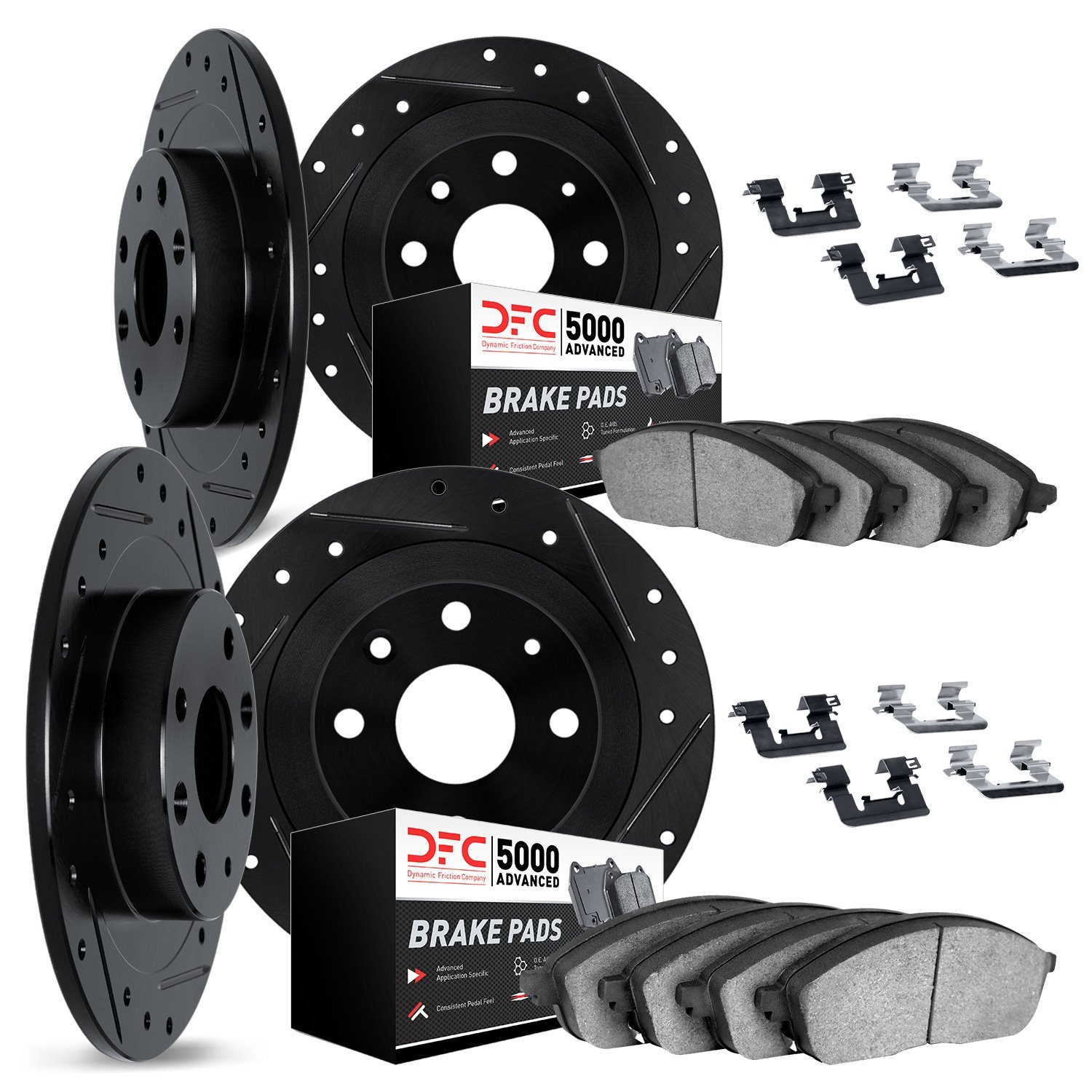 8514-28012 Drilled/Slotted Brake Rotors w/5000 Advanced Brake Pads Kit & Hardware [Black], 1971-1979 Peugeot, Position: Front an