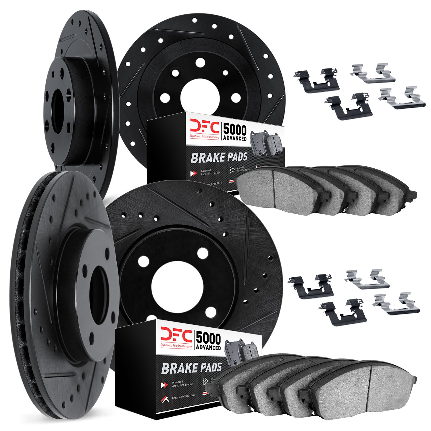 8514-32000 Drilled/Slotted Brake Rotors w/5000 Advanced Brake Pads Kit & Hardware [Black], 2002-2006 Mini, Position: Front and R