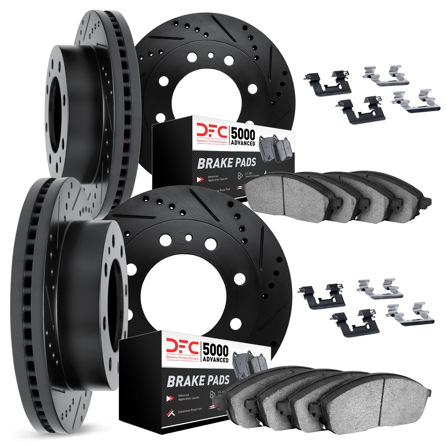 8514-40021 Drilled/Slotted Brake Rotors w/5000 Advanced Brake Pads Kit & Hardware [Black], 2000-2002 Mopar, Position: Front and