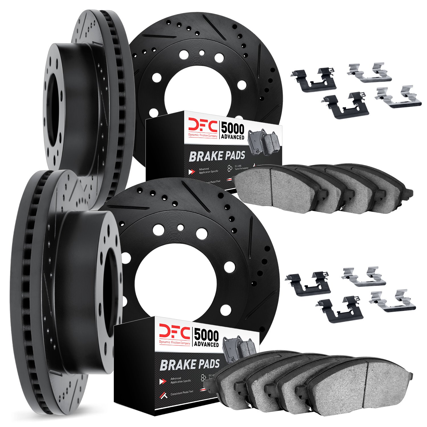 8514-46014 Drilled/Slotted Brake Rotors w/5000 Advanced Brake Pads Kit & Hardware [Black], 2006-2011 GM, Position: Front and Rea