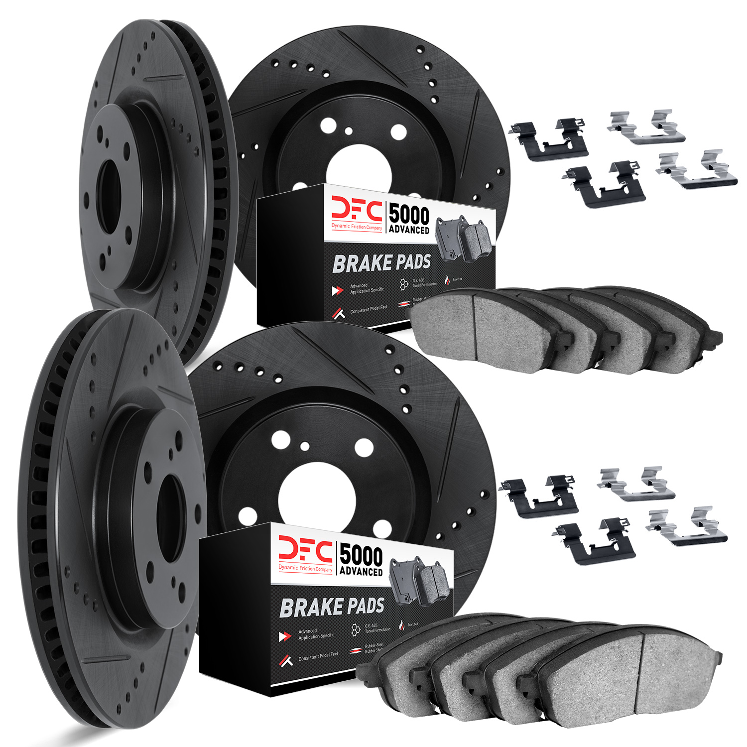 8514-46028 Drilled/Slotted Brake Rotors w/5000 Advanced Brake Pads Kit & Hardware [Black], 2013-2015 GM, Position: Front and Rea