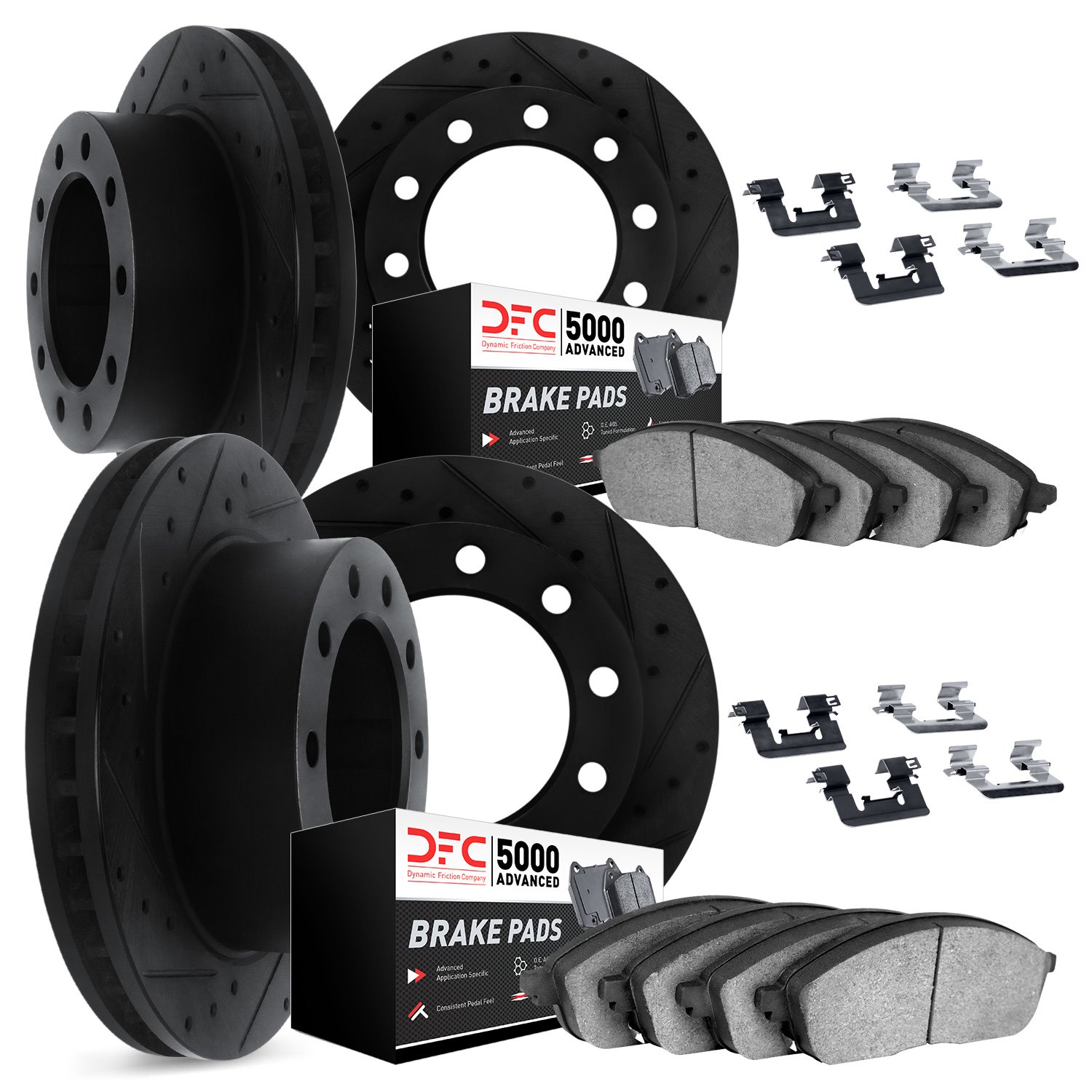 8514-48010 Drilled/Slotted Brake Rotors w/5000 Advanced Brake Pads Kit & Hardware [Black], 1994-2000 GM, Position: Front and Rea